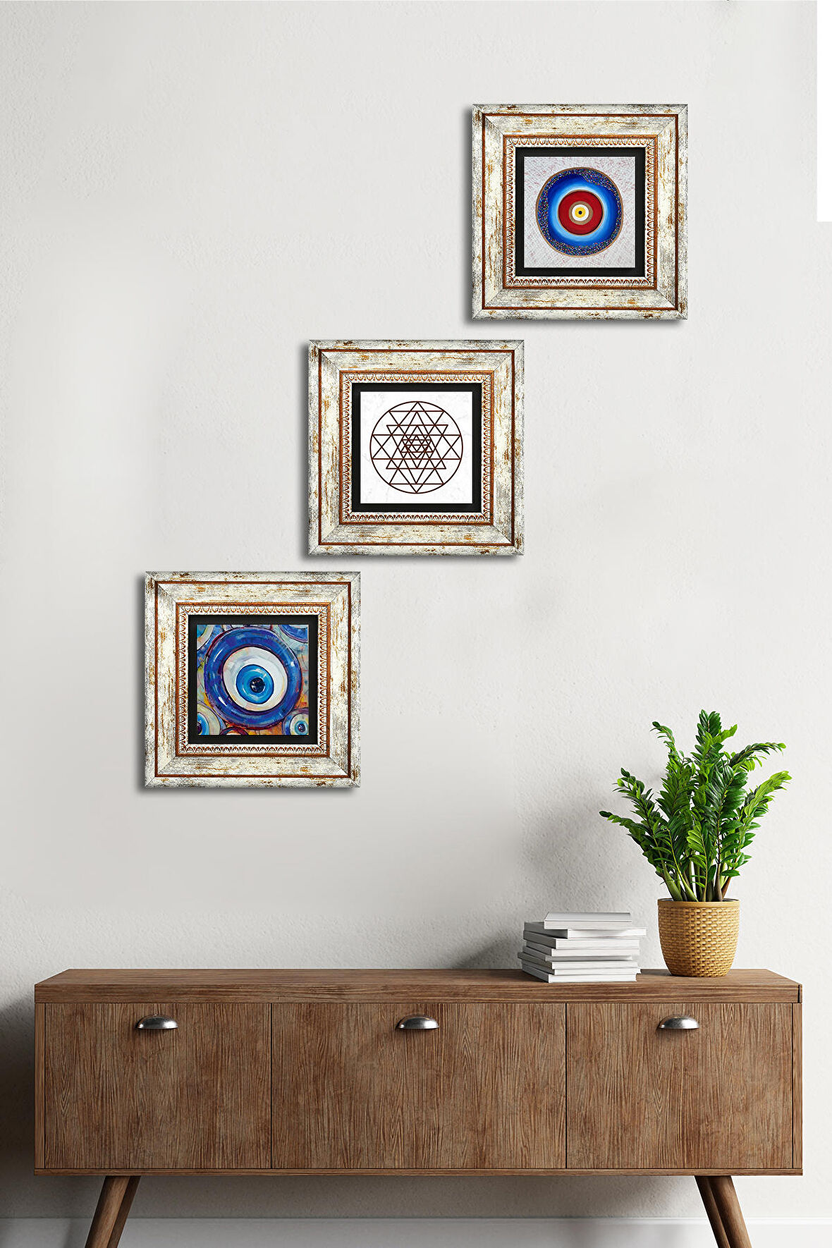 Nazar, Sri Yantra Taş Duvar Tablosu Çerçeveli Duvar Dekoru 3 Parça Tablo Seti Wall Art