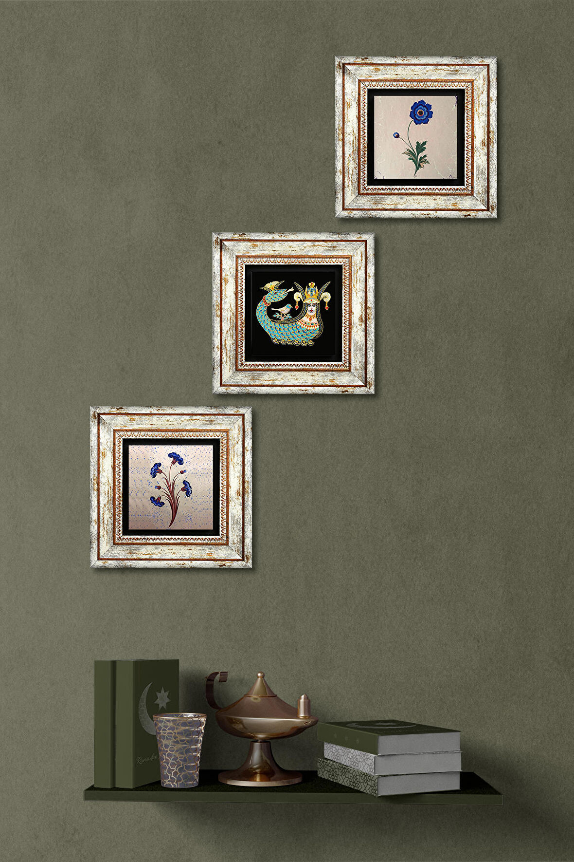 Ebru Sanatı, Şahmeran Taş Duvar Tablosu Çerçeveli Duvar Dekoru 3 Parça Tablo Seti Wall Art