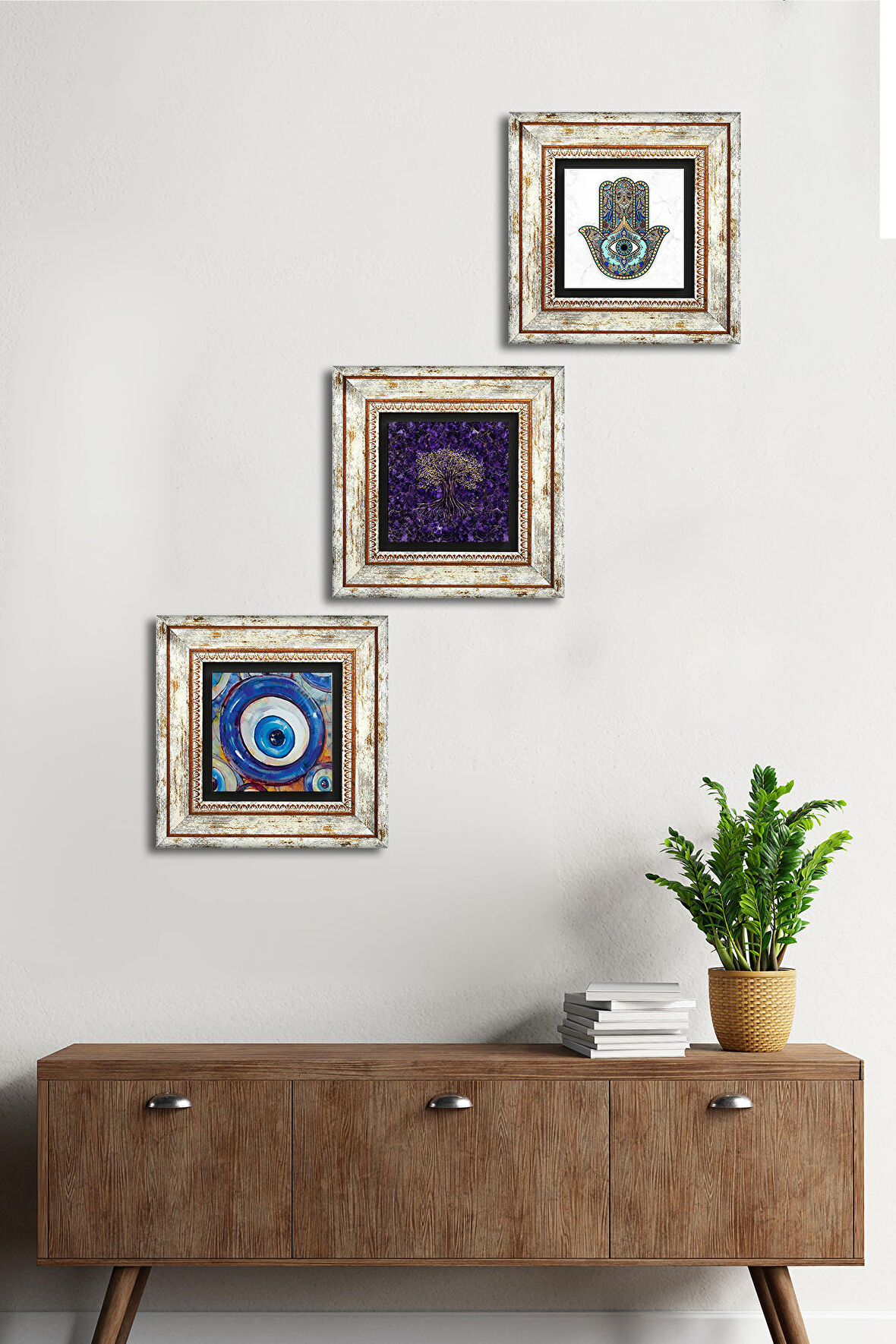 Nazar, Hayat Ağacı, Fatma Ana Eli (Hamsa) Taş Duvar Tablosu Çerçeveli Duvar Dekoru 3 Parça Tablo Seti Wall Art