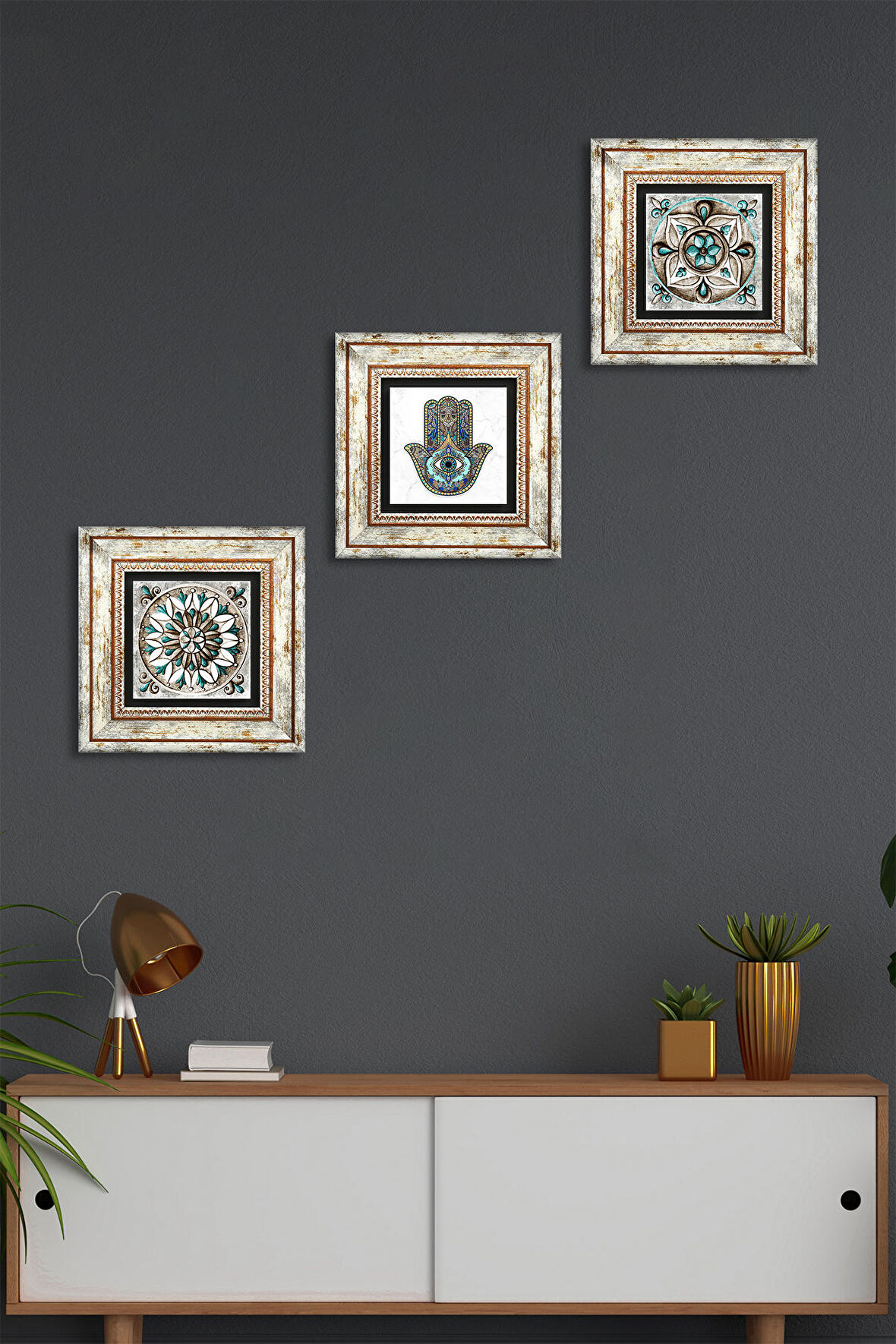 Çini Sanatı, Fatma Ana Eli (Hamsa) Taş Duvar Tablosu Çerçeveli Duvar Dekoru 3 Parça Tablo Seti Wall Art