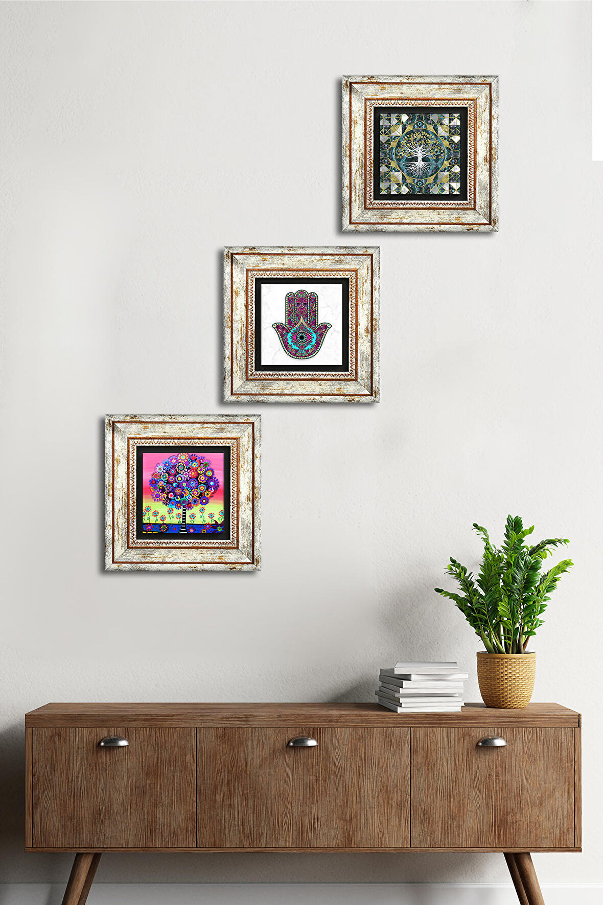 Hayat Ağacı, Fatma Ana Eli (Hamsa) Taş Duvar Tablosu Çerçeveli Duvar Dekoru 3 Parça Tablo Seti Wall Art