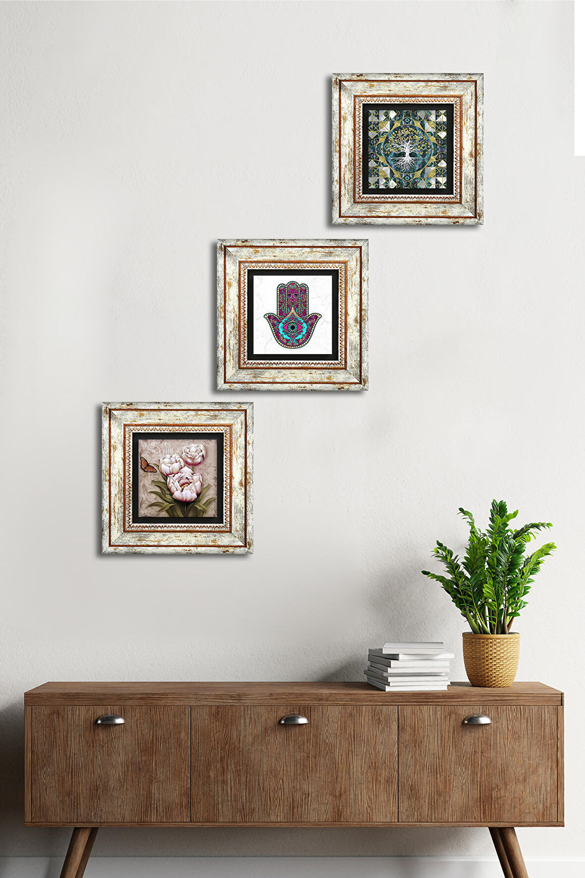 Hayat Ağacı, Fatma Ana Eli (Hamsa), Kelebekli Çiçek Taş Duvar Tablosu Çerçeveli Duvar Dekoru 3 Parça Tablo Seti Wall Art