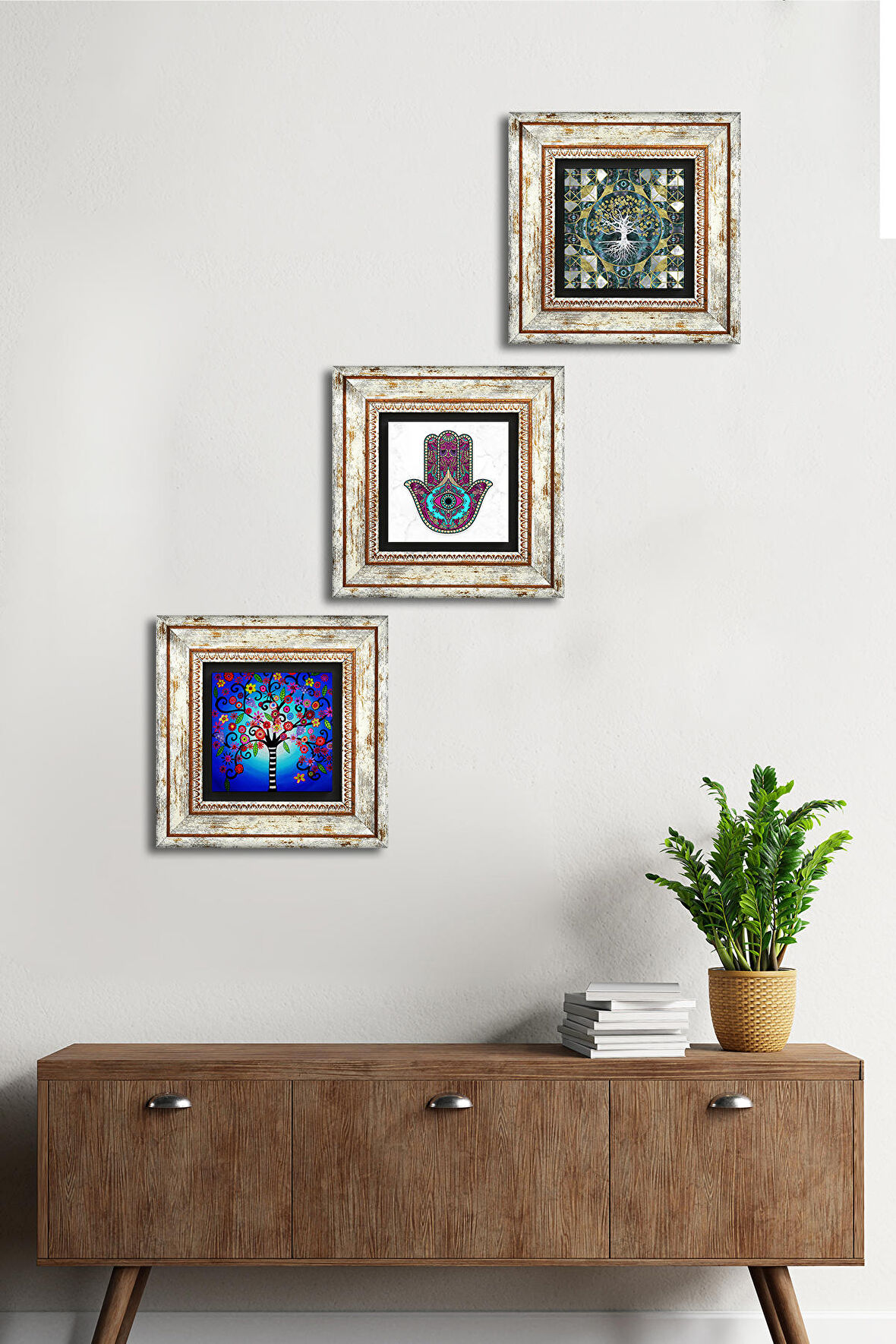 Fatma Ana Eli (Hamsa), Hayat Ağacı Taş Duvar Tablosu Çerçeveli Duvar Dekoru 3 Parça Tablo Seti Wall Art