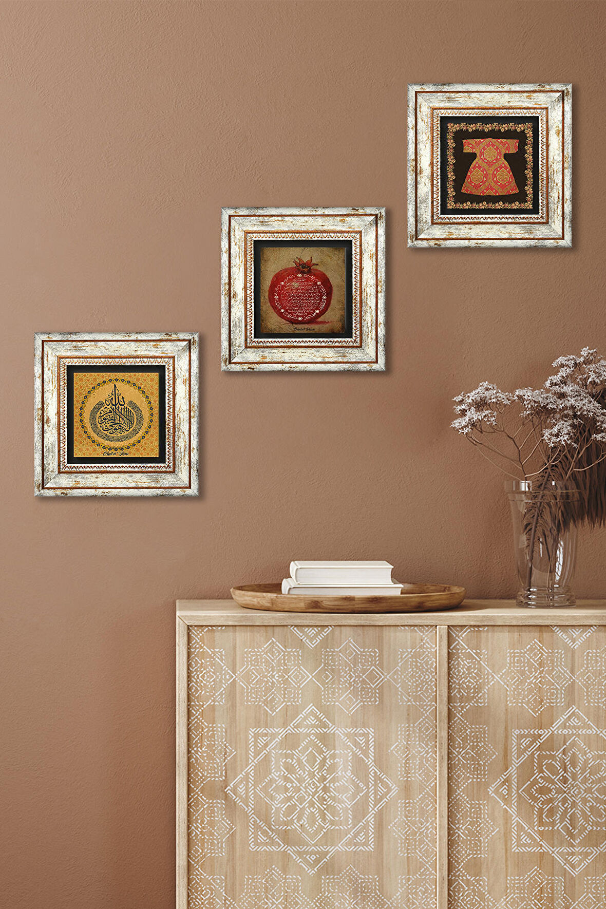 Ayet-el Kürsi, Hırka-i Şerif, Bereket Duası Taş Duvar Tablosu Çerçeveli Duvar Dekoru 3 Parça Tablo Seti Wall Art