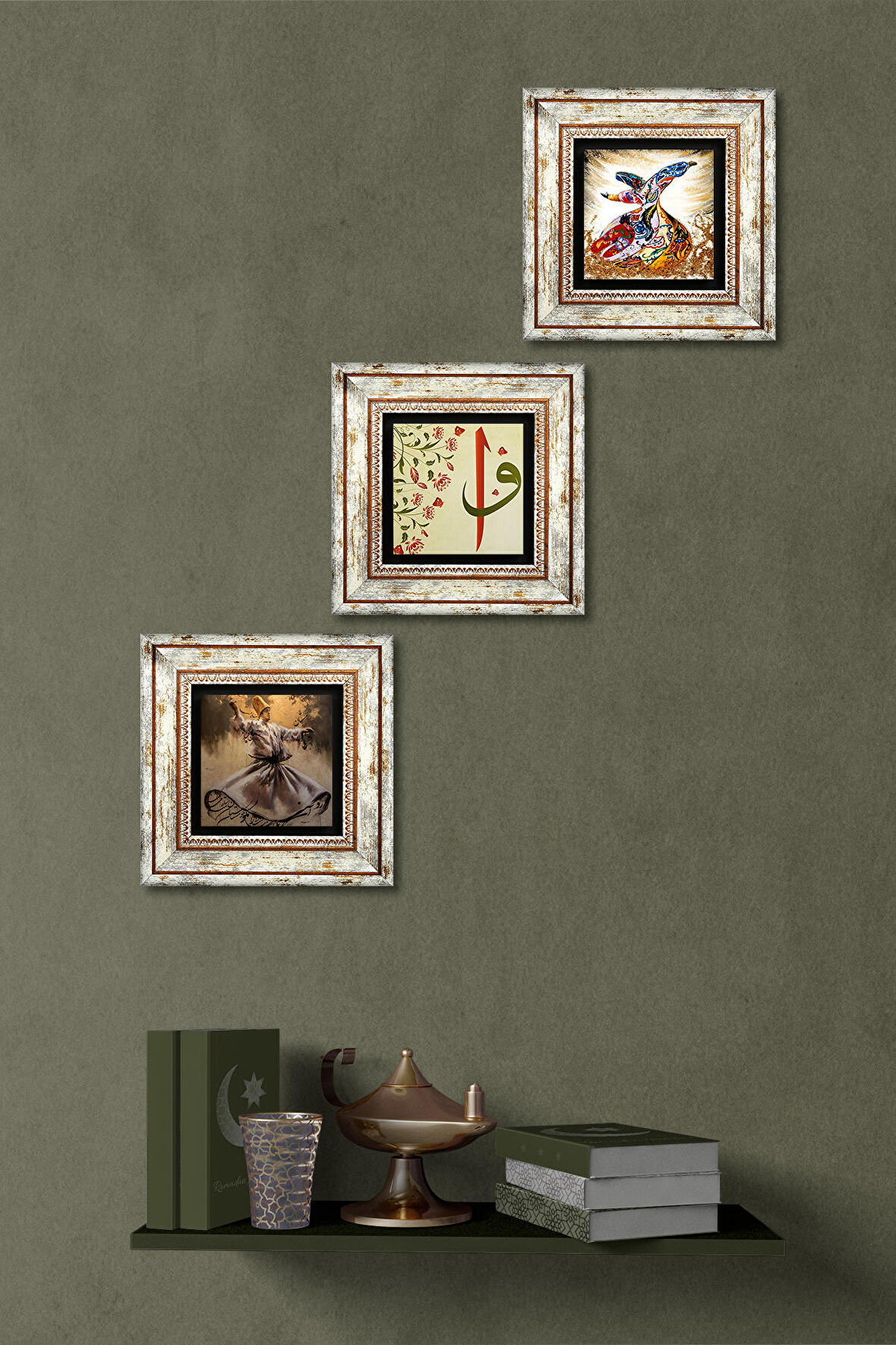 Elif-Vav, Semazen Taş Duvar Tablosu Çerçeveli Duvar Dekoru 3 Parça Tablo Seti Wall Art