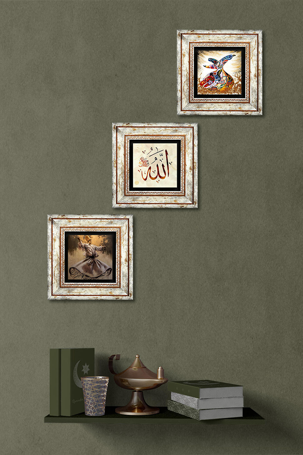 Allah Lafzı, Semazen Taş Duvar Tablosu Çerçeveli Duvar Dekoru 3 Parça Tablo Seti Wall Art
