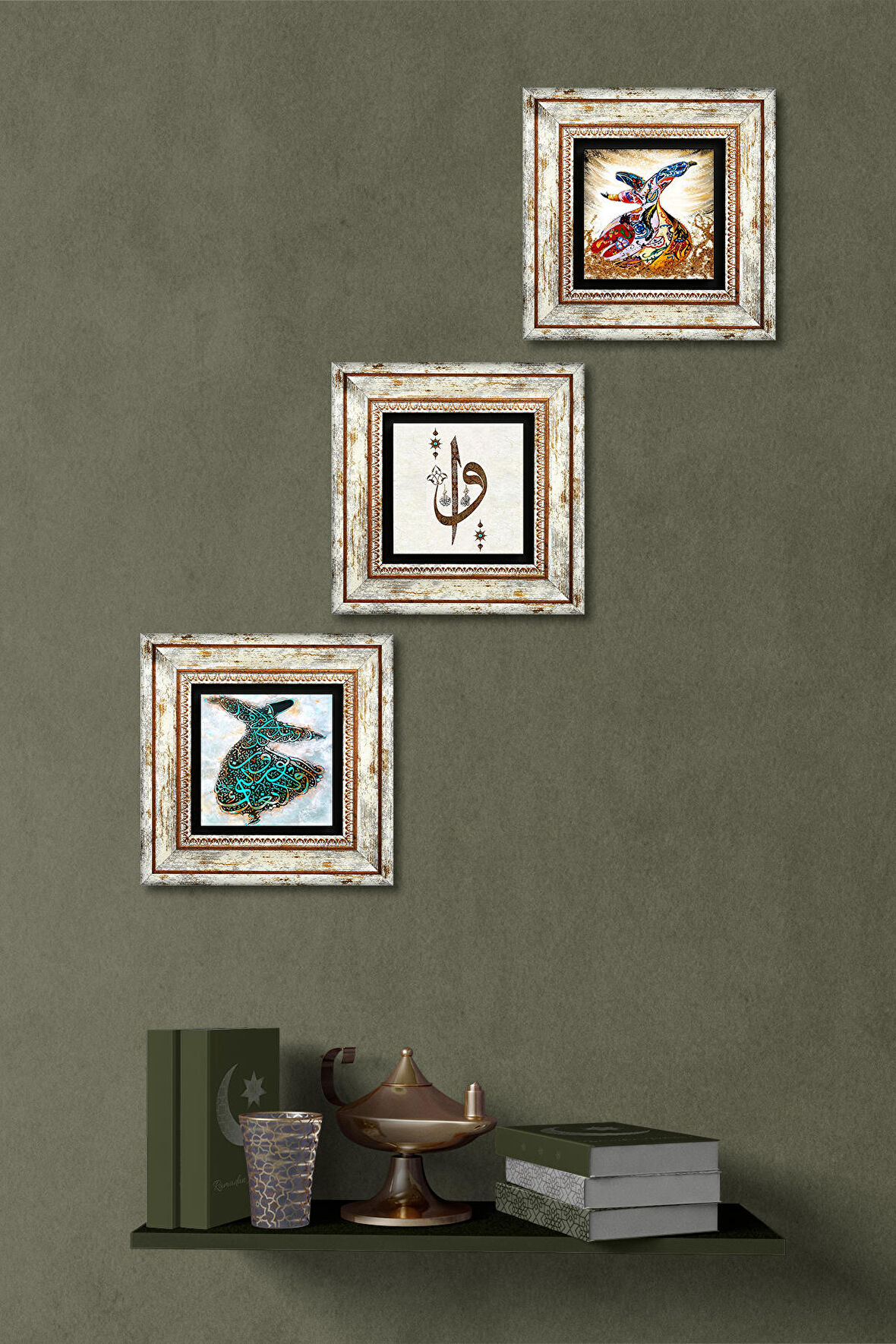 Elif Vav, Semazen Taş Duvar Tablosu Çerçeveli Duvar Dekoru 3 Parça Tablo Seti Wall Art