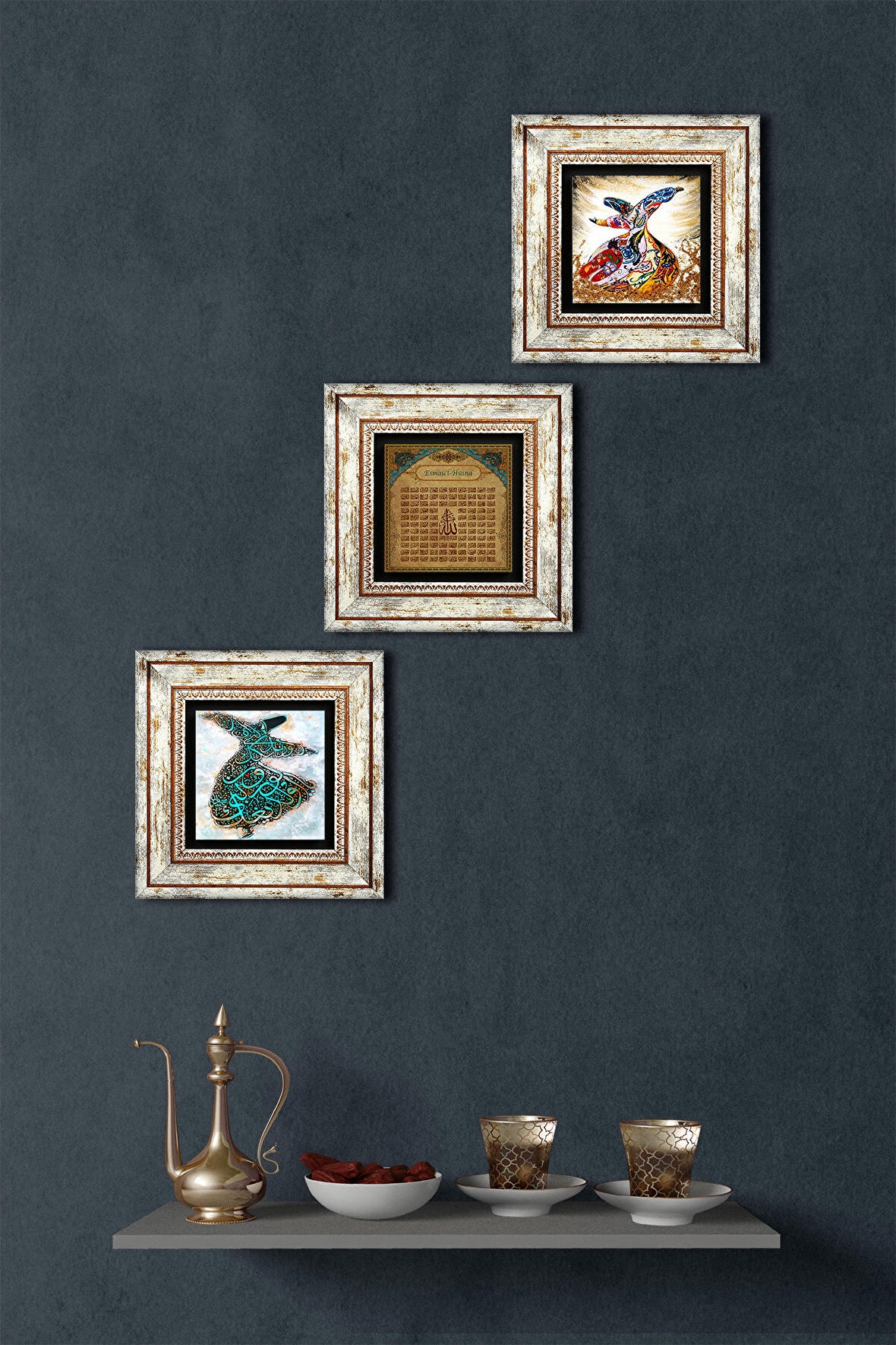 Esma'ül Hüsna, Semazen Taş Duvar Tablosu Çerçeveli Duvar Dekoru 3 Parça Tablo Seti Wall Art