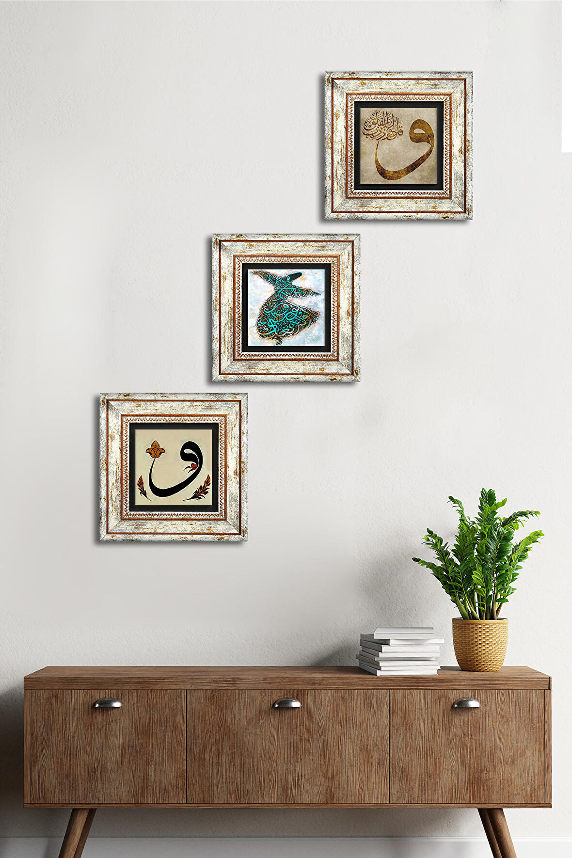 Semazen, Vav Taş Duvar Tablosu Çerçeveli Duvar Dekoru 3 Parça Tablo Seti Wall Art
