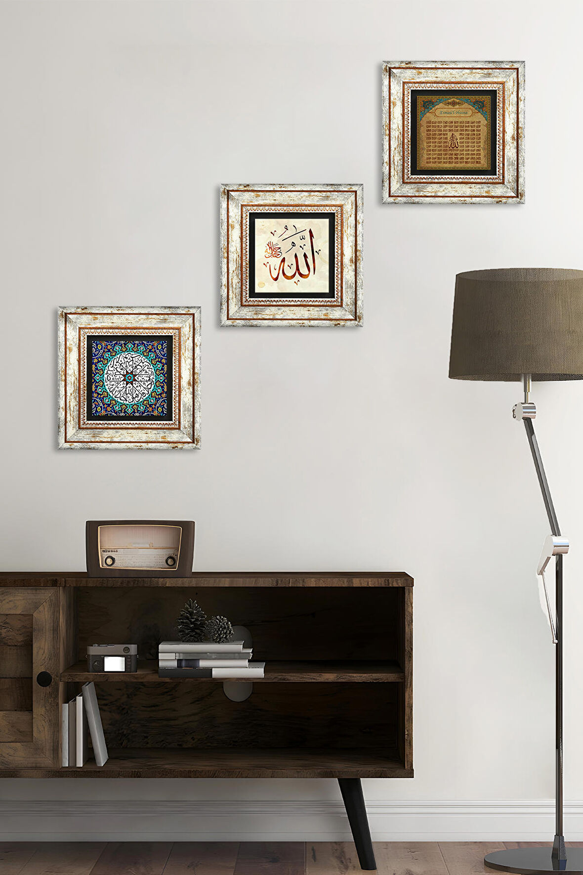 Allah Lafzı, İhlas Suresi, Esma'ül Hüsna Taş Duvar Tablosu Çerçeveli Duvar Dekoru 3 Parça Tablo Seti Wall Art