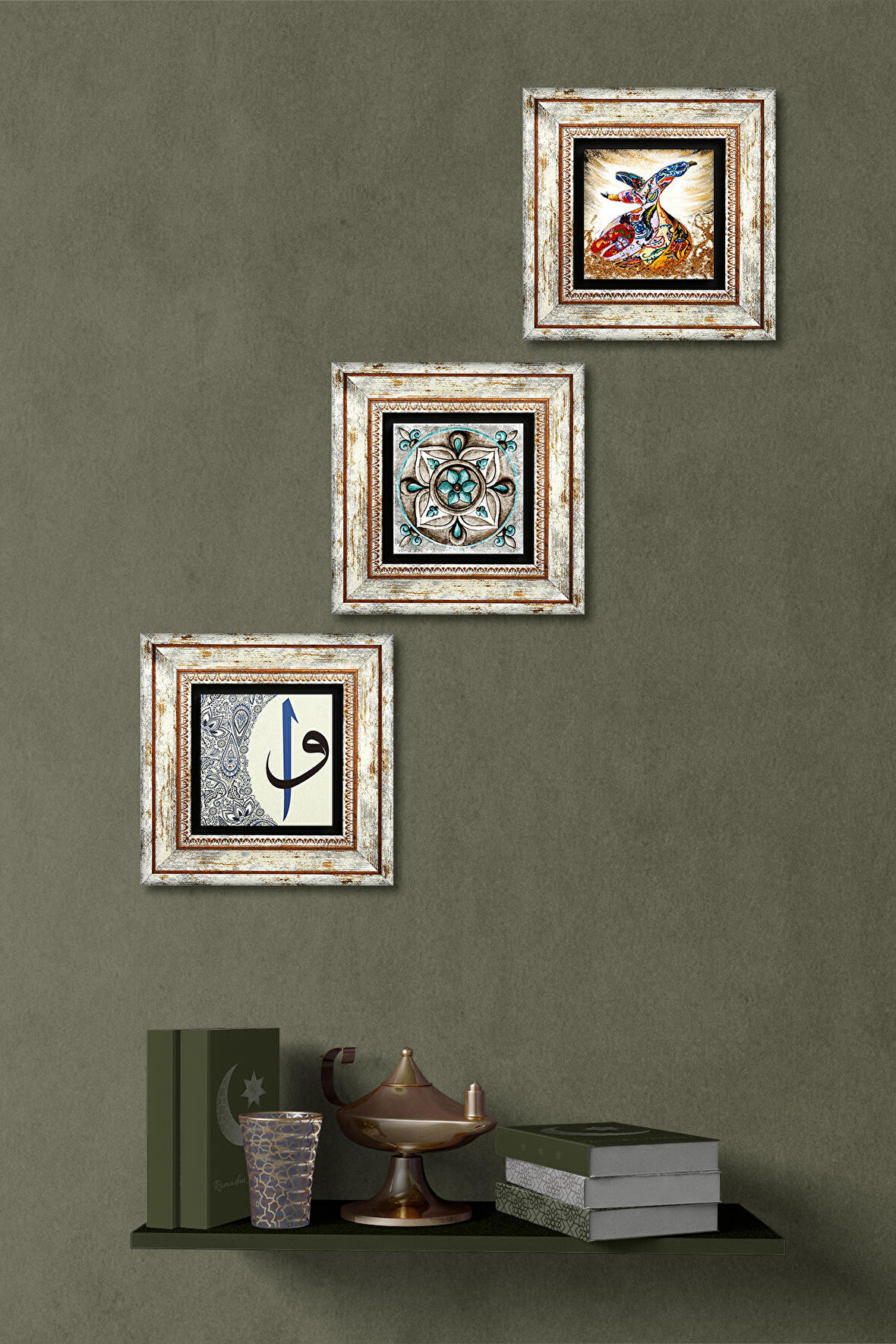 Çini Sanatı, Elif-Vav, Semazen Taş Duvar Tablosu Çerçeveli Duvar Dekoru 3 Parça Tablo Seti Wall Art