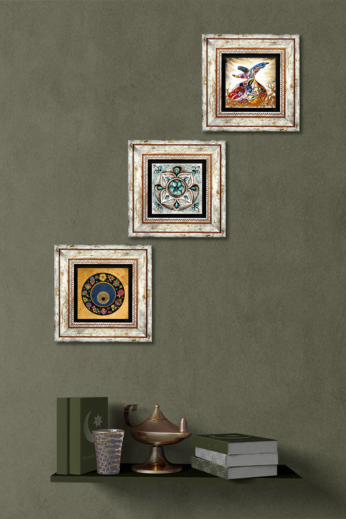 Nazar Boncuğu, Çini Sanatı, Semazen Taş Duvar Tablosu Çerçeveli Duvar Dekoru 3 Parça Tablo Seti Wall Art