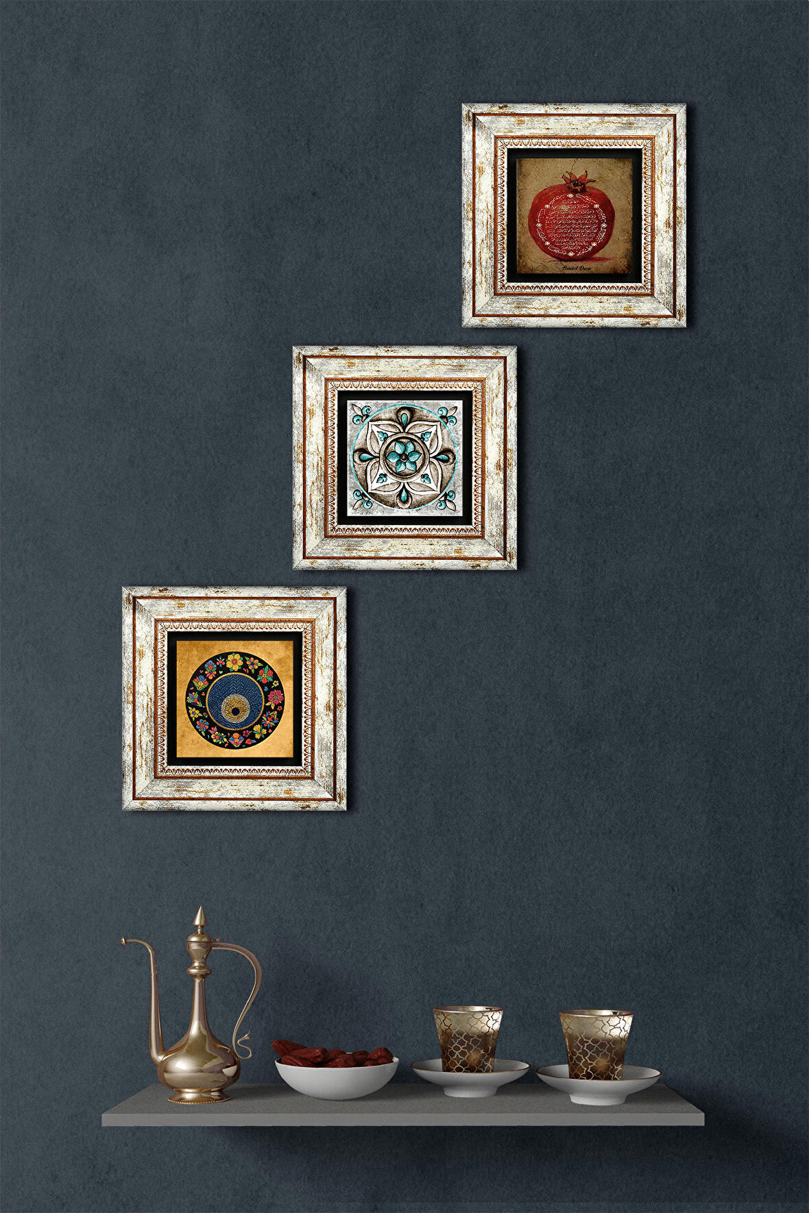 Nazar Boncuğu, Bereket Duası, Çini Sanatı Taş Duvar Tablosu Çerçeveli Duvar Dekoru 3 Parça Tablo Seti Wall Art