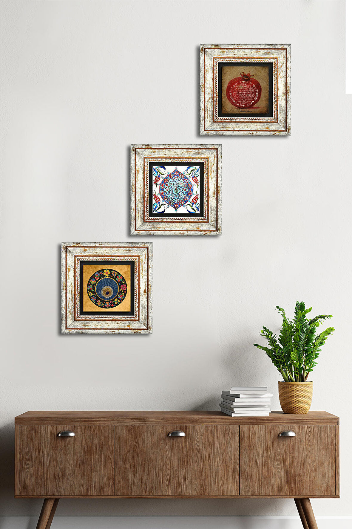 Nazar Boncuğu, Bereket Duası, Çini Sanatı Taş Duvar Tablosu Çerçeveli Duvar Dekoru 3 Parça Tablo Seti Wall Art