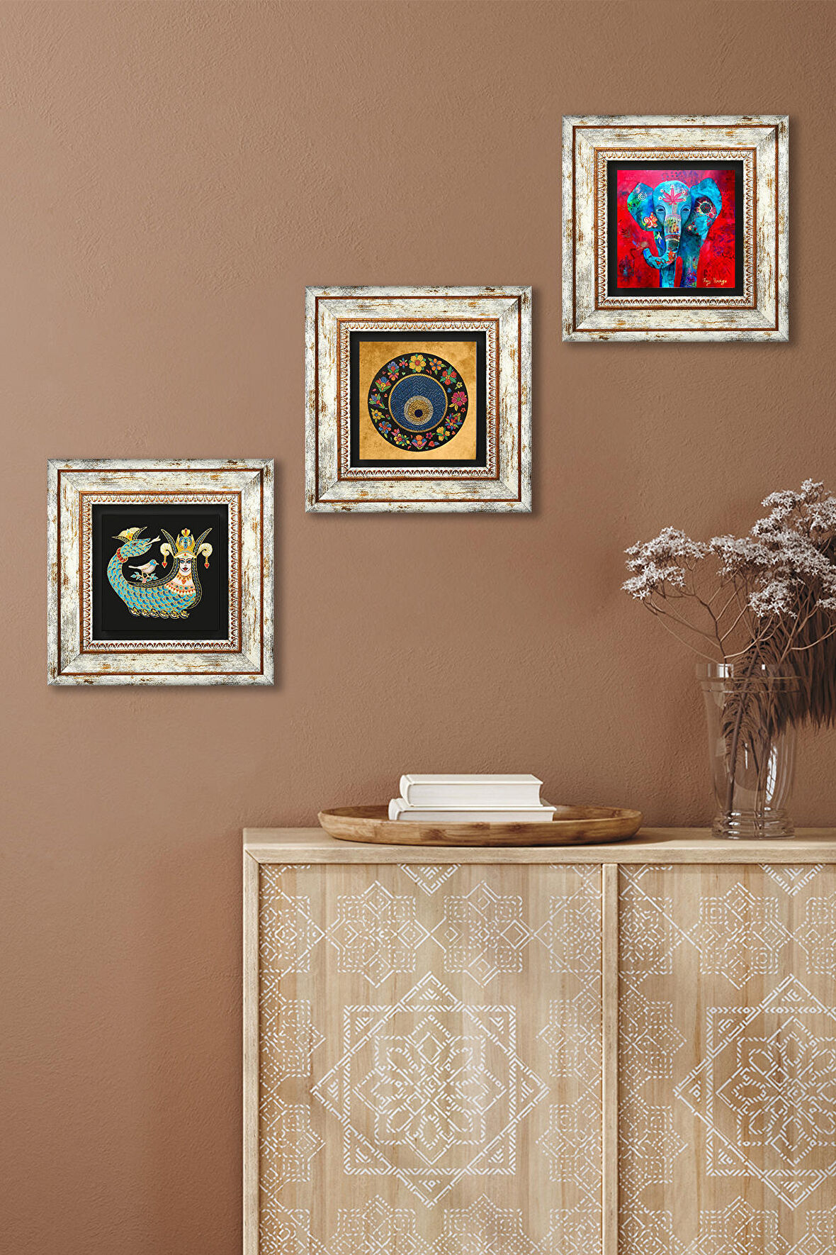 Fil, Nazar, Şahmeran Taş Duvar Tablosu Çerçeveli Duvar Dekoru 3 Parça Tablo Seti Wall Art