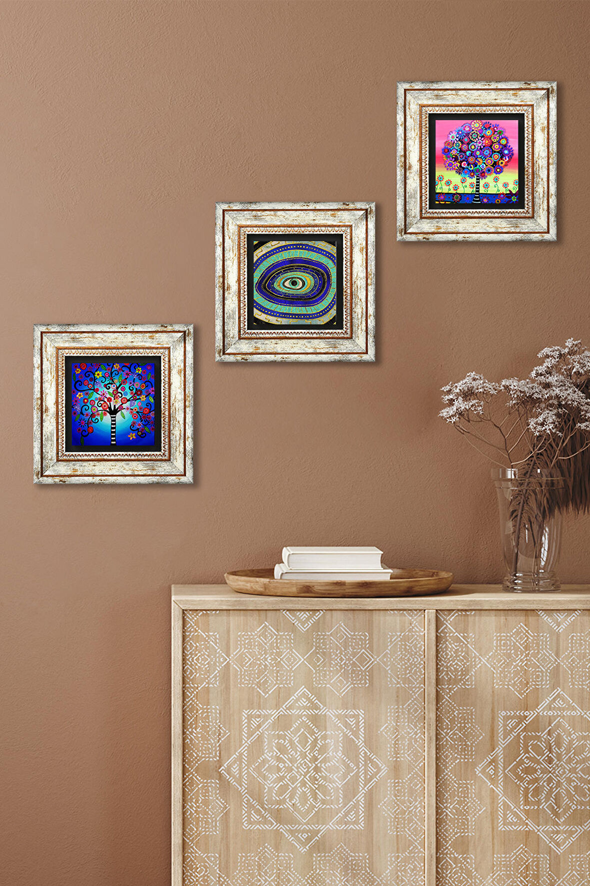 Nazar, Hayat Ağacı Taş Duvar Tablosu Çerçeveli Duvar Dekoru 3 Parça Tablo Seti Wall Art