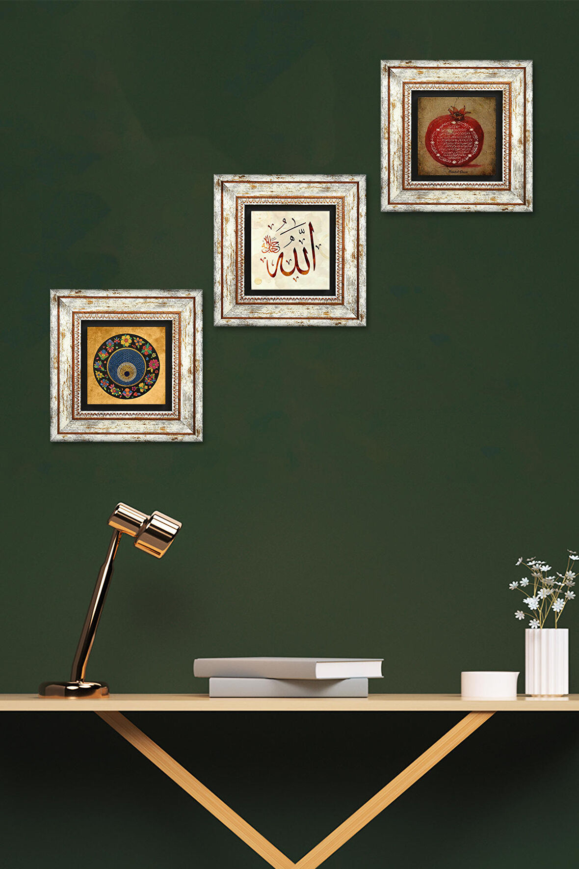 Allah Lafzı, Nazar Boncuğu, Bereket Duası Taş Duvar Tablosu Çerçeveli Duvar Dekoru 3 Parça Tablo Seti Wall Art