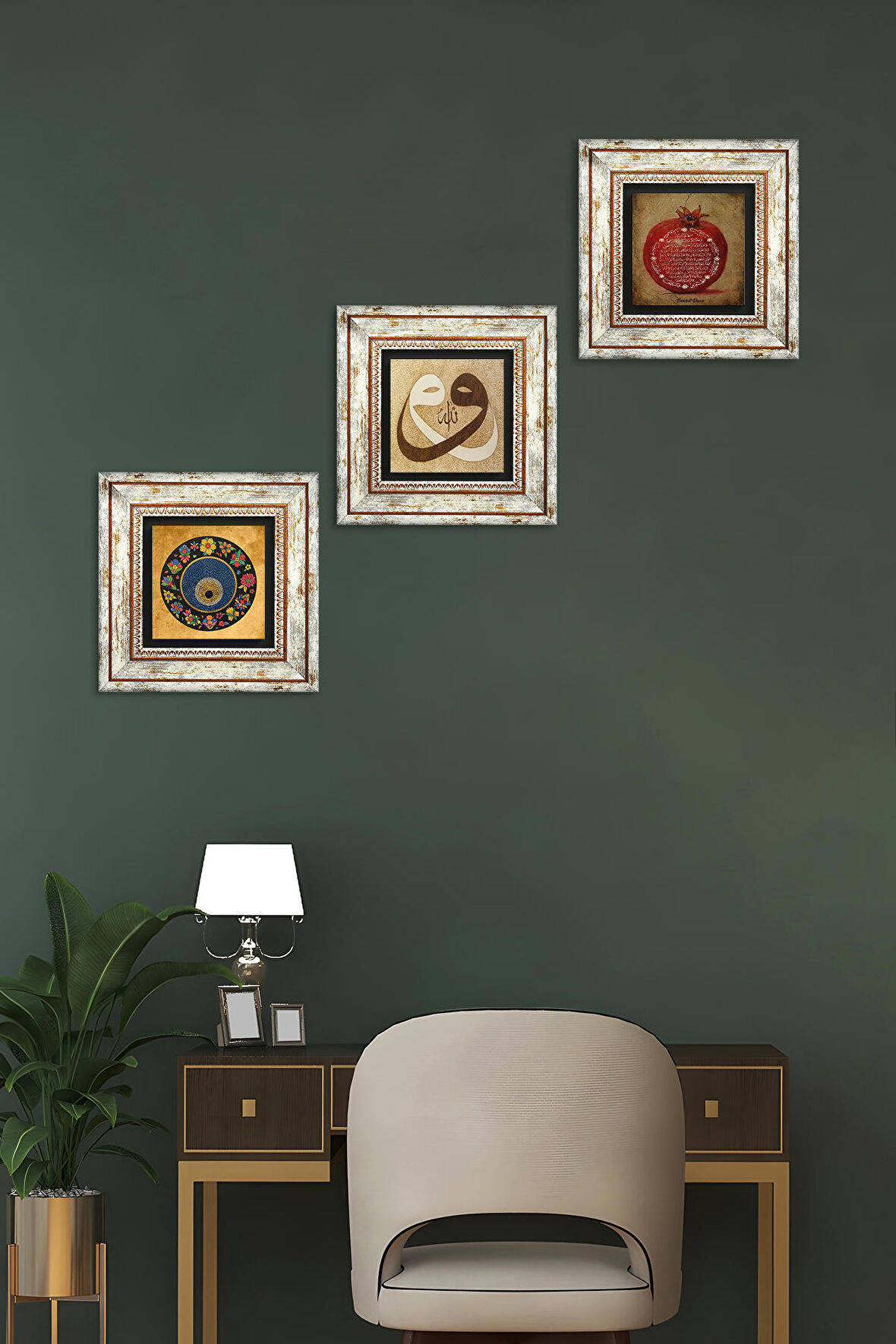 Vav, Nazar Boncuğu, Bereket Duası Taş Duvar Tablosu Çerçeveli Duvar Dekoru 3 Parça Tablo Seti Wall Art