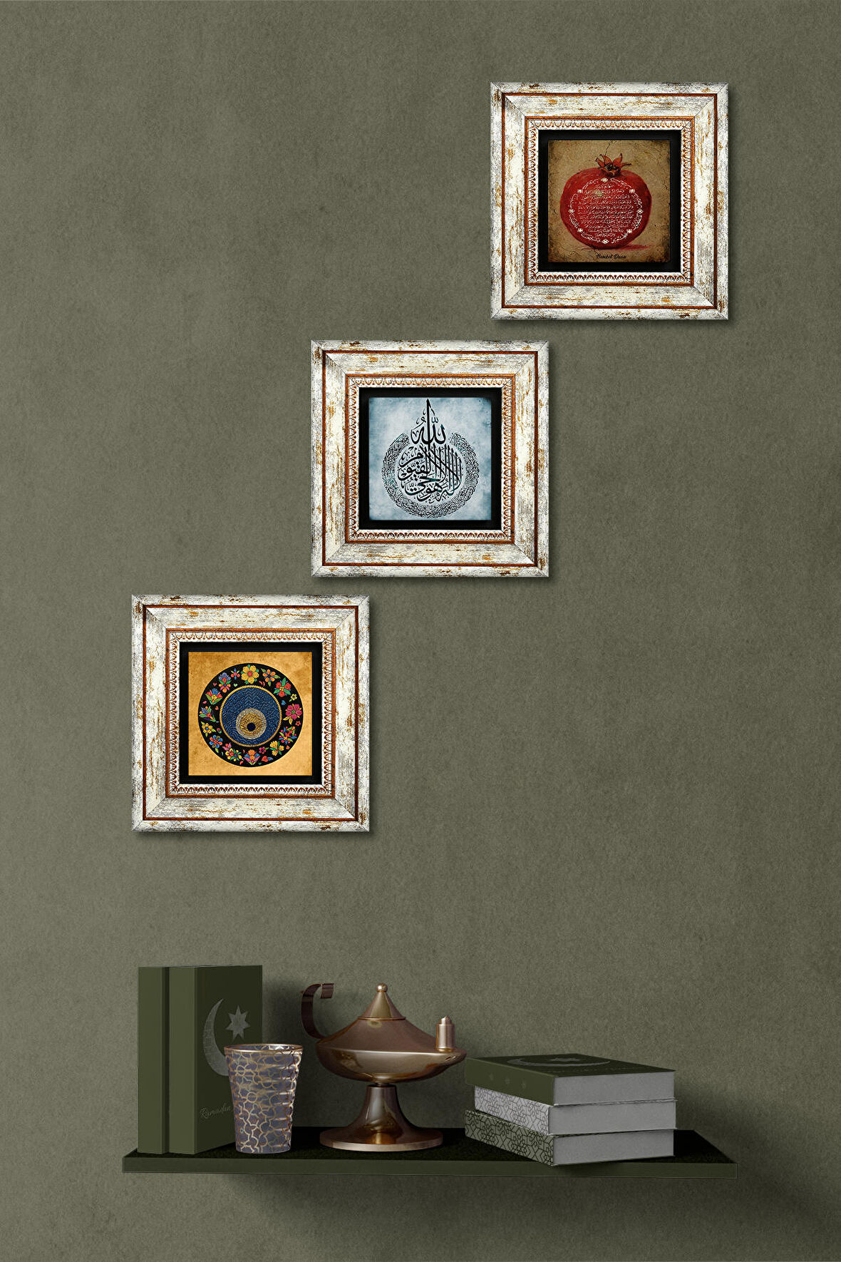 Ayet-el Kürsi, Nazar, Bereket Duası Taş Duvar Tablosu Çerçeveli Duvar Dekoru 3 Parça Tablo Seti Wall Art
