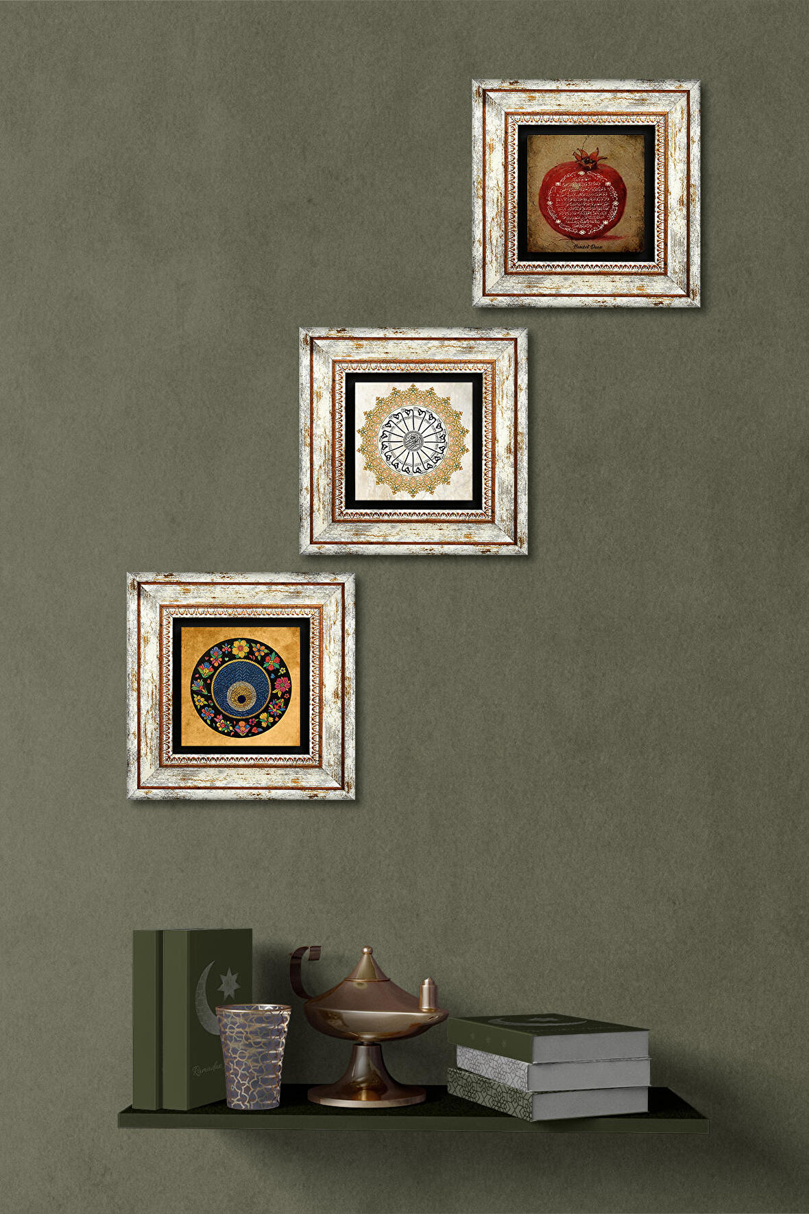 Şems Suresi, Nazar Boncuğu, Bereket Duası Taş Duvar Tablosu Çerçeveli Duvar Dekoru 3 Parça Tablo Seti Wall Art