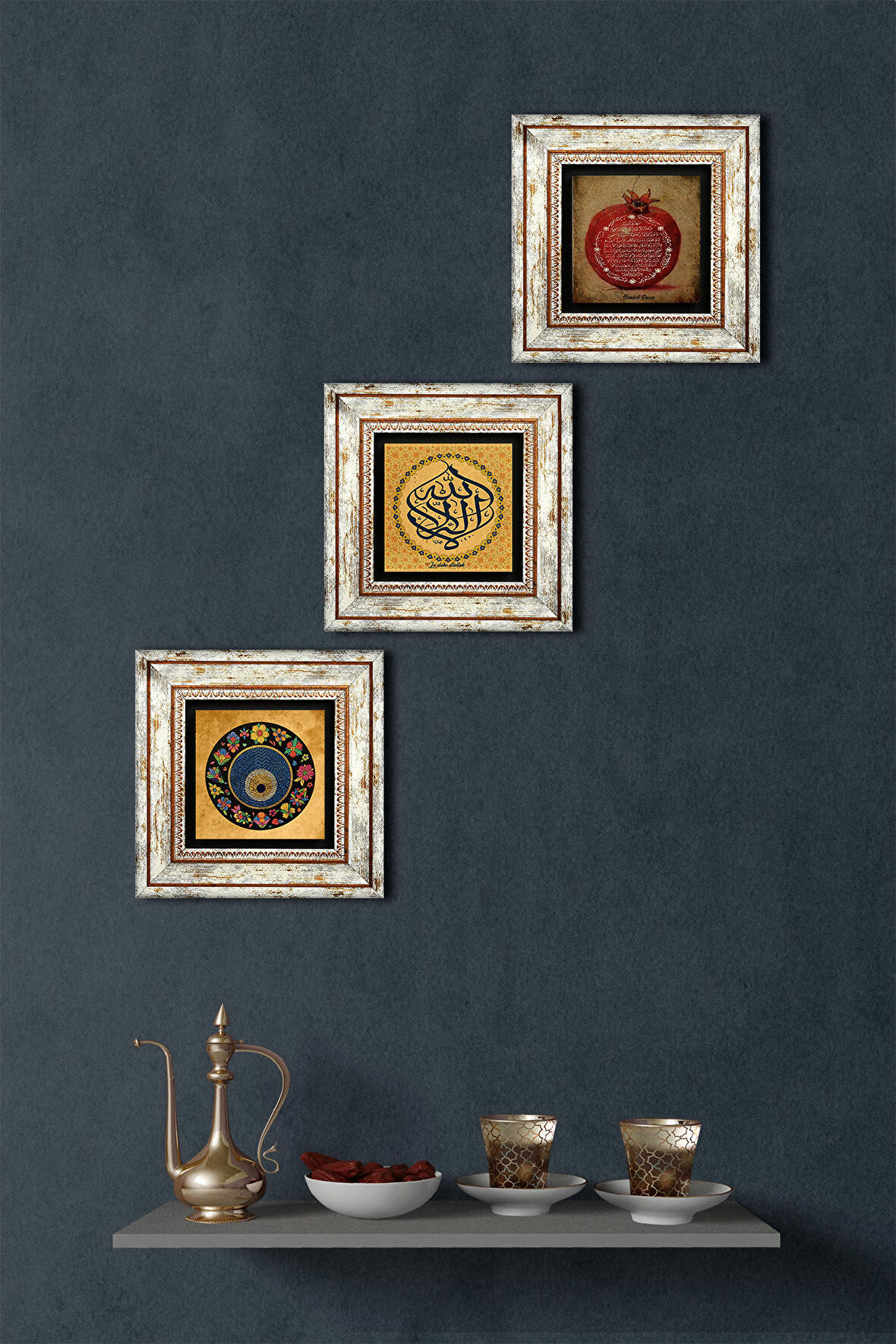 La İlahe İllallah, Nazar, Bereket Duası Taş Duvar Tablosu Çerçeveli Duvar Dekoru 3 Parça Tablo Seti Wall Art