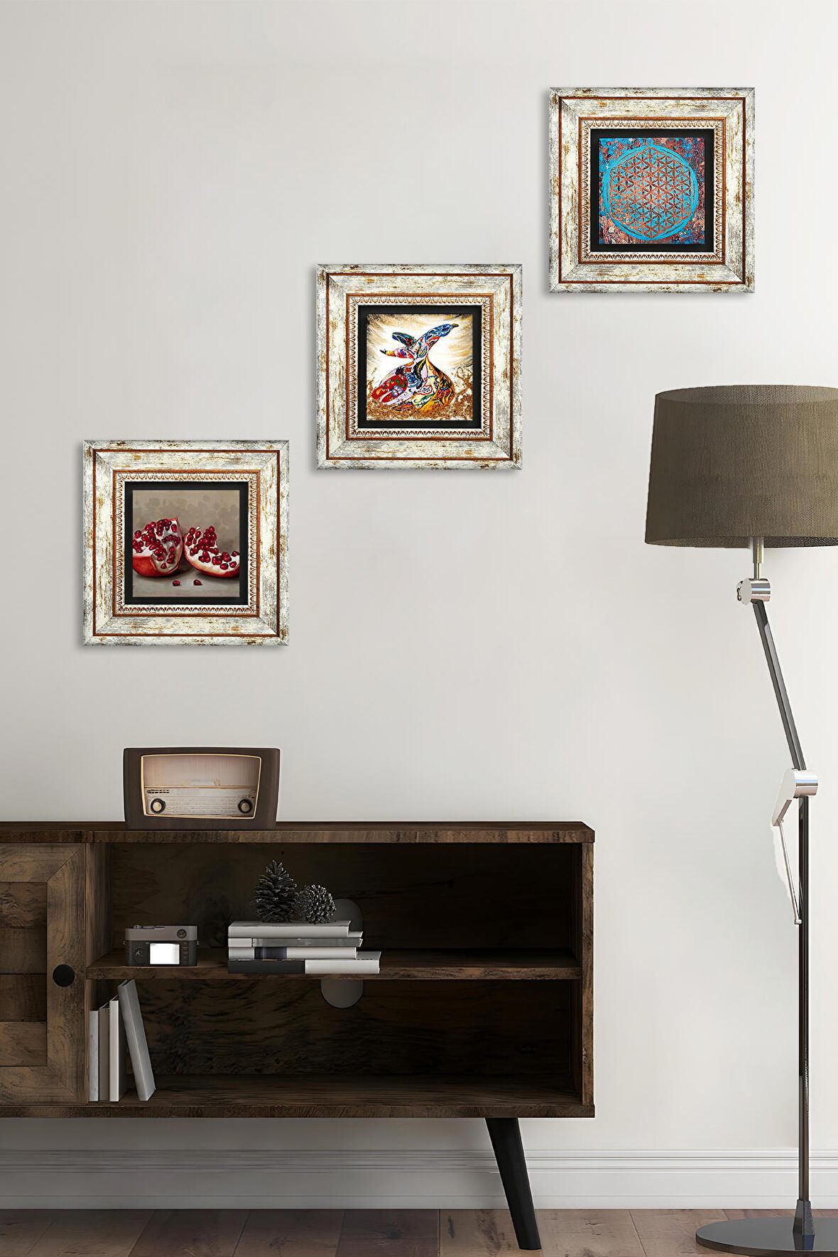 Yaşam Çiçeği, Semazen, Nar Taş Duvar Tablosu Çerçeveli Duvar Dekoru 3 Parça Tablo Seti Wall Art