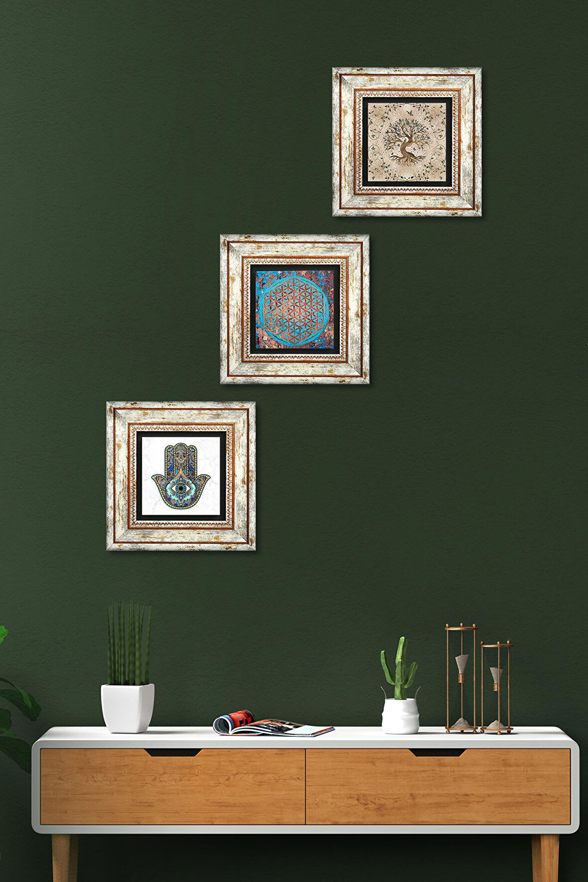 Yaşam Çiçeği, Hayat Ağacı, Fatma Ana Eli (Hamsa) Taş Duvar Tablosu Çerçeveli Duvar Dekoru 3 Parça Tablo Seti Wall Art