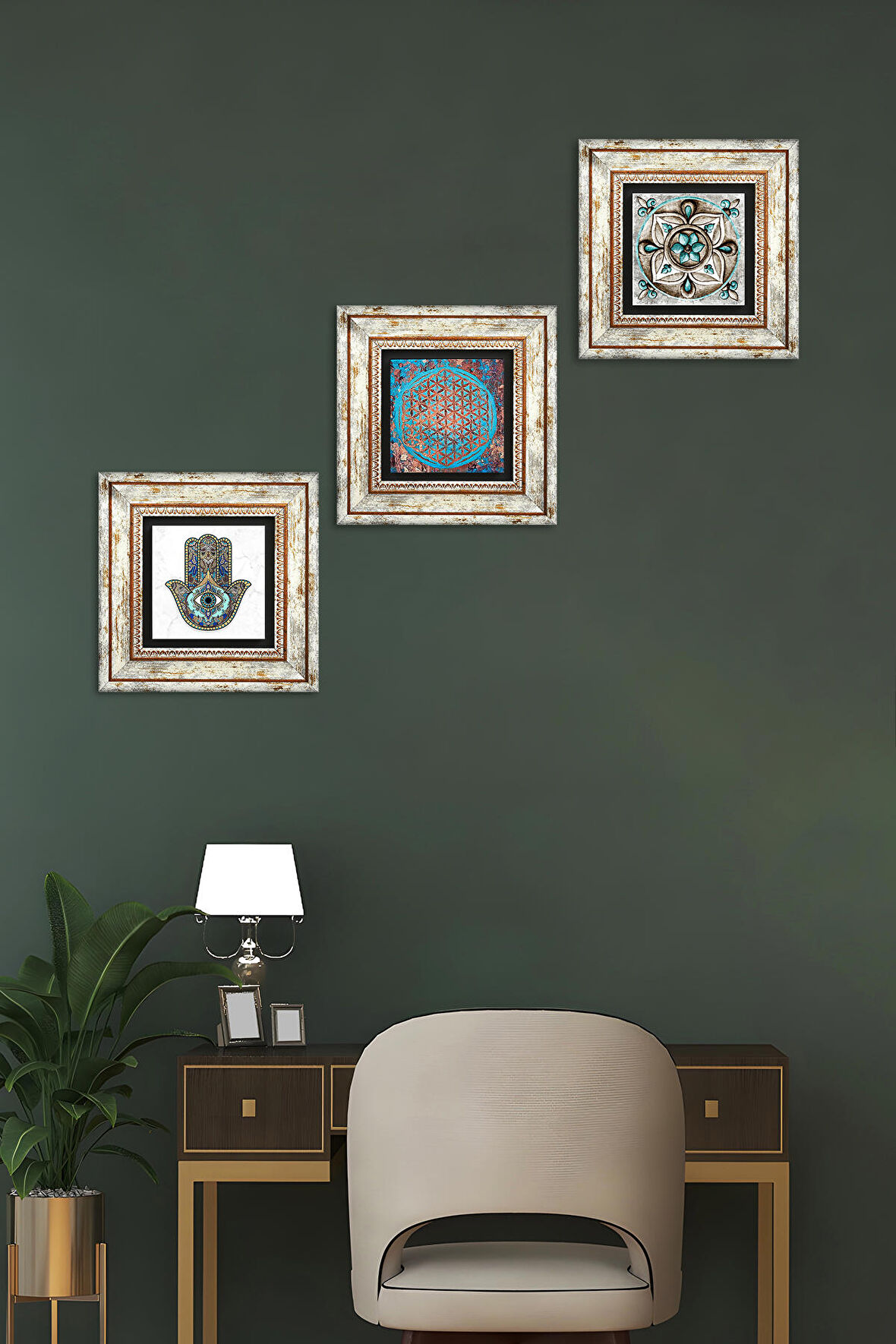 Yaşam Çiçeği, Çini Sanatı, Fatma Ana Eli (Hamsa) Taş Duvar Tablosu Çerçeveli Duvar Dekoru 3 Parça Tablo Seti Wall Art