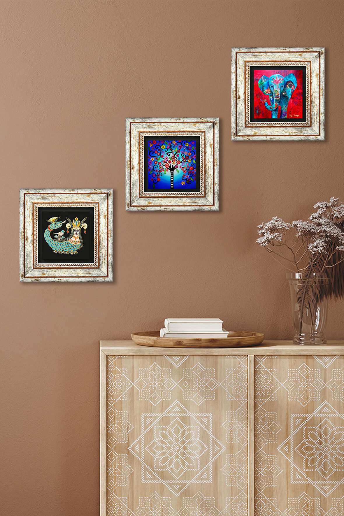 Fil, Hayat Ağacı, Şahmeran Taş Duvar Tablosu Çerçeveli Duvar Dekoru 3 Parça Tablo Seti Wall Art