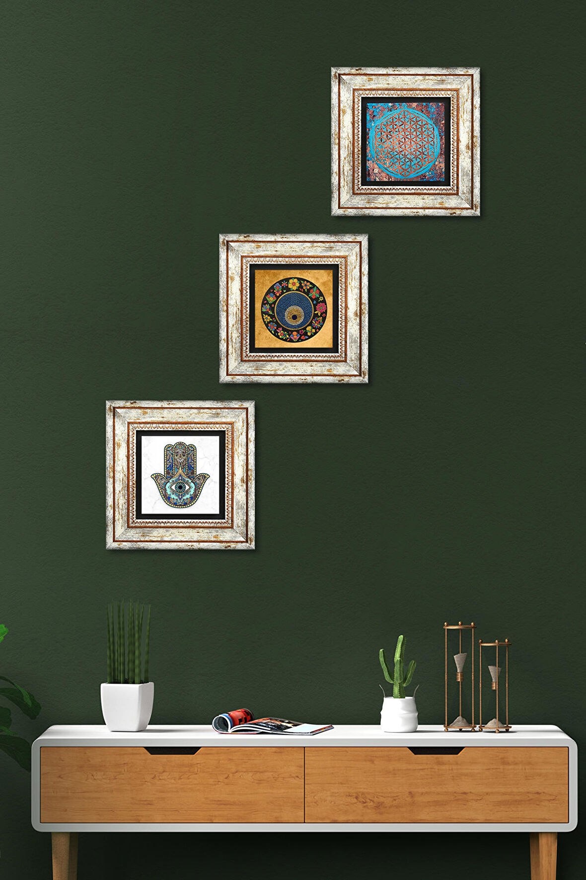 Yaşam Çiçeği, Nazar Boncuğu, Fatma Ana Eli (Hamsa) Taş Duvar Tablosu Çerçeveli Duvar Dekoru 3 Parça Tablo Seti Wall Art