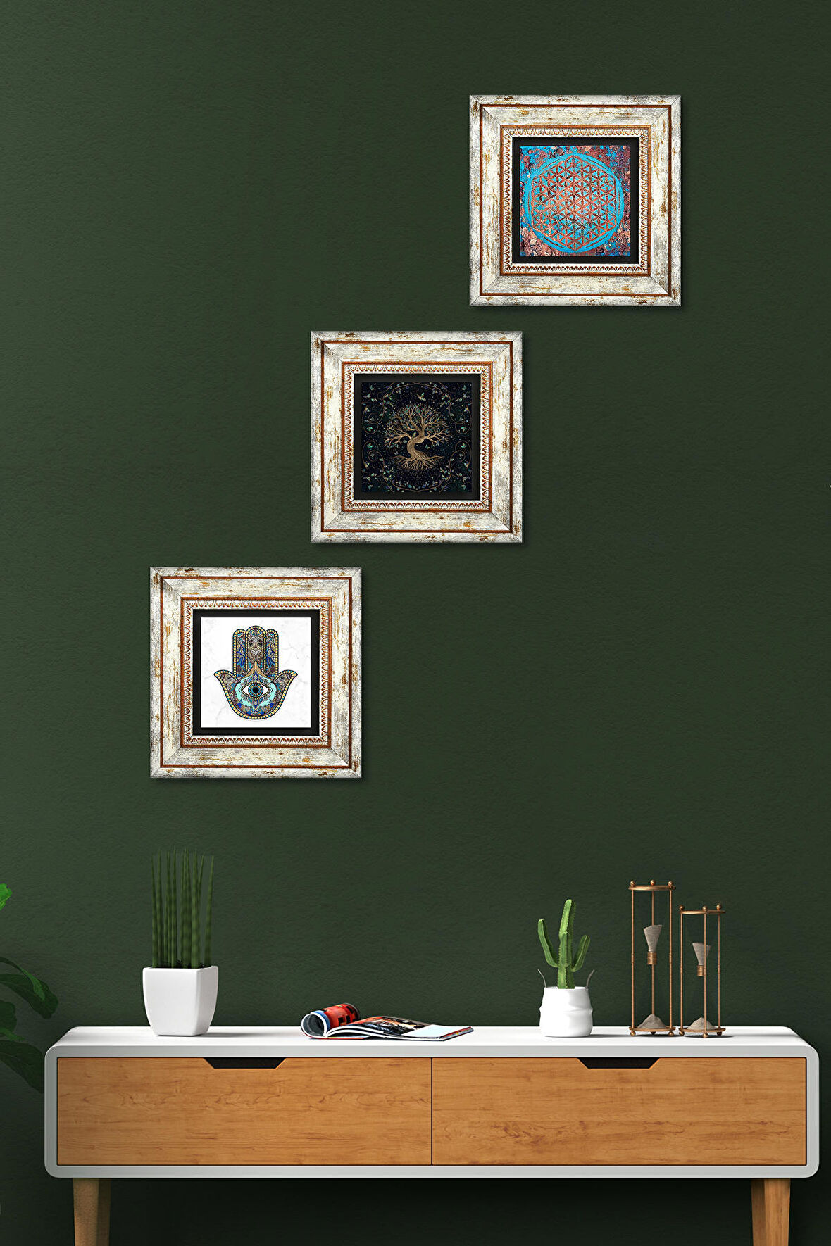 Yaşam Çiçeği, Hayat Ağacı, Fatma Ana Eli (Hamsa) Taş Duvar Tablosu Çerçeveli Duvar Dekoru 3 Parça Tablo Seti Wall Art