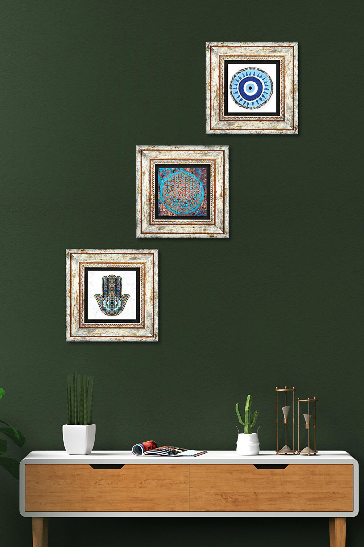 Nazar, Yaşam Çiçeği, Fatma Ana Eli (Hamsa) Taş Duvar Tablosu Çerçeveli Duvar Dekoru 3 Parça Tablo Seti Wall Art