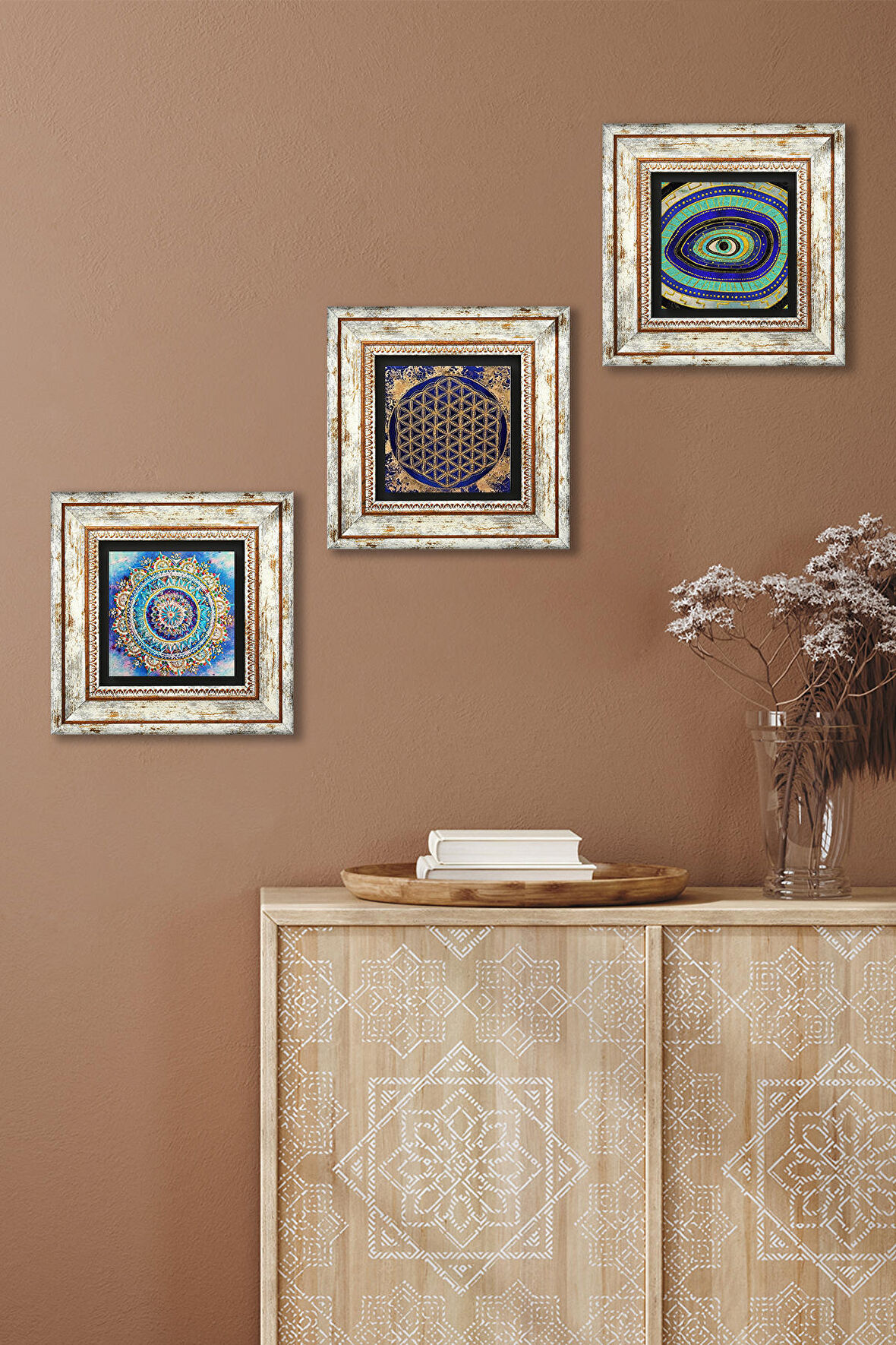 Mandala, Nazar, Yaşam Çiçeği Taş Duvar Tablosu Çerçeveli Duvar Dekoru 3 Parça Tablo Seti Wall Art