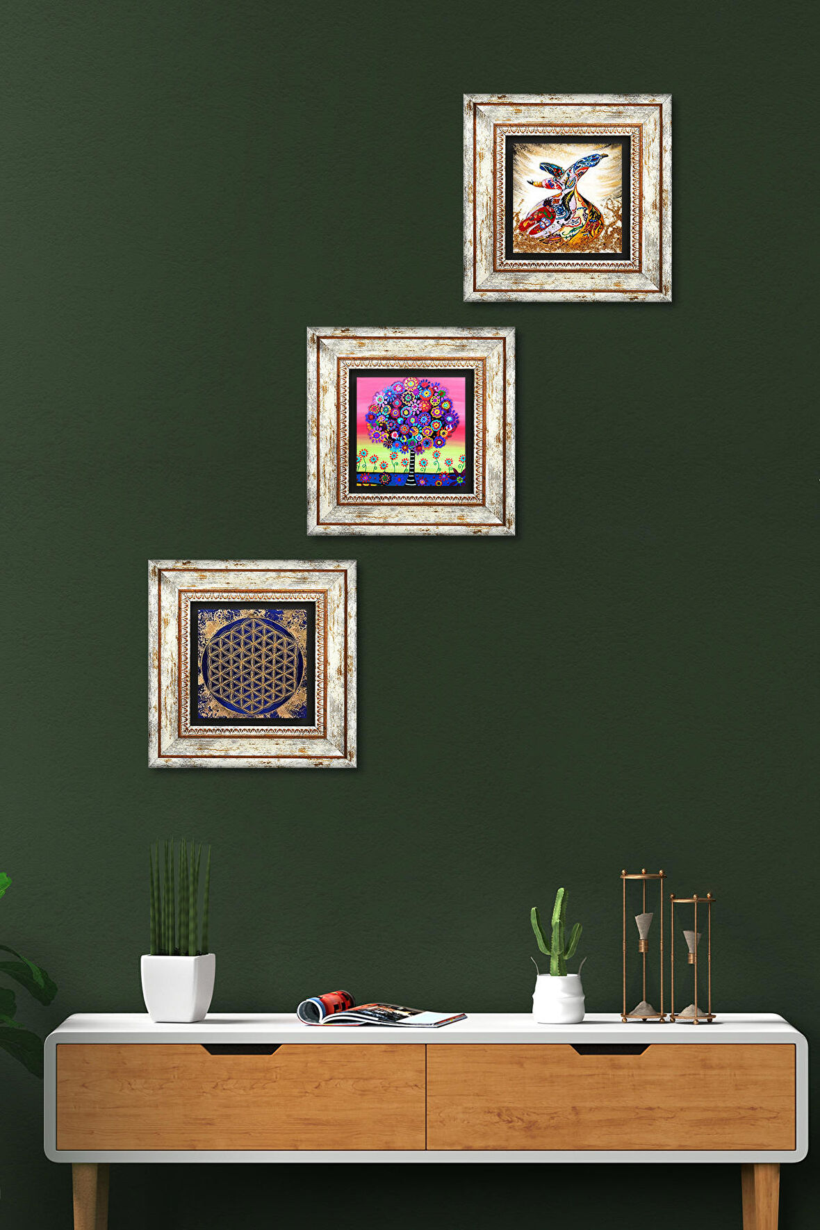 Yaşam Çiçeği, Karla Gerard Hayat Ağacı, Semazen Taş Duvar Tablosu Çerçeveli Duvar Dekoru 3 Parça Tablo Seti Wall Art