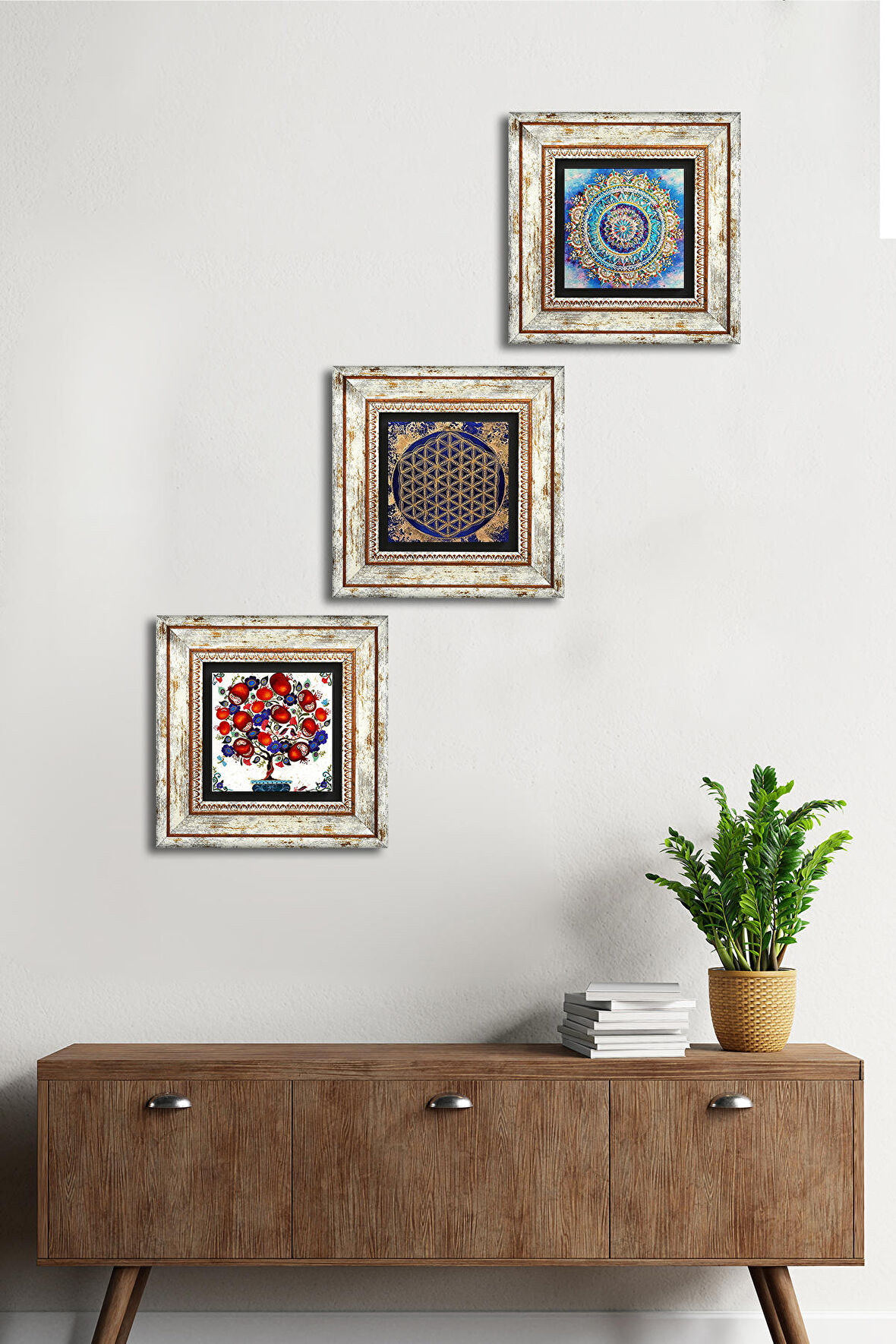 Mandala, Yaşam Çiçeği, Nar Ağacı Taş Duvar Tablosu Çerçeveli Duvar Dekoru 3 Parça Tablo Seti Wall Art