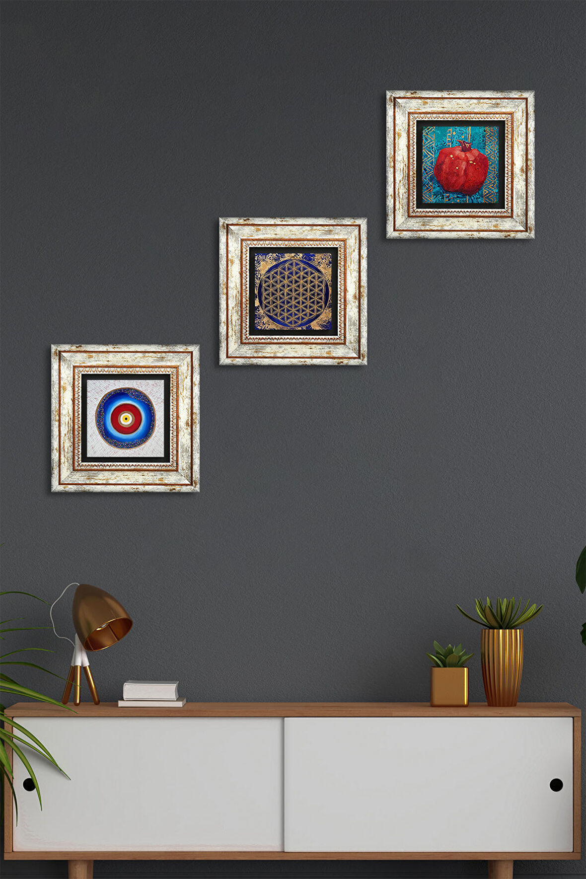 Nazar, Yaşam Çiçeği, Nar Taş Duvar Tablosu Çerçeveli Duvar Dekoru 3 Parça Tablo Seti Wall Art