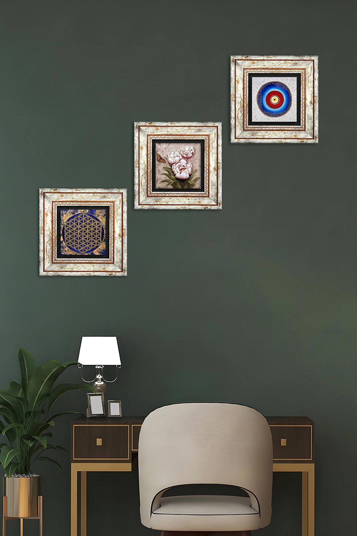 Nazar, Yaşam Çiçeği, Kelebekli Çiçek Taş Duvar Tablosu Çerçeveli Duvar Dekoru 3 Parça Tablo Seti Wall Art