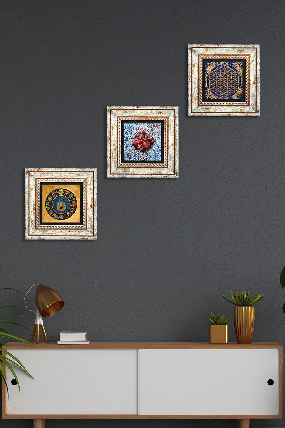 Yaşam Çiçeği, Nazar Boncuğu, Nar Taş Duvar Tablosu Çerçeveli Duvar Dekoru 3 Parça Tablo Seti Wall Art