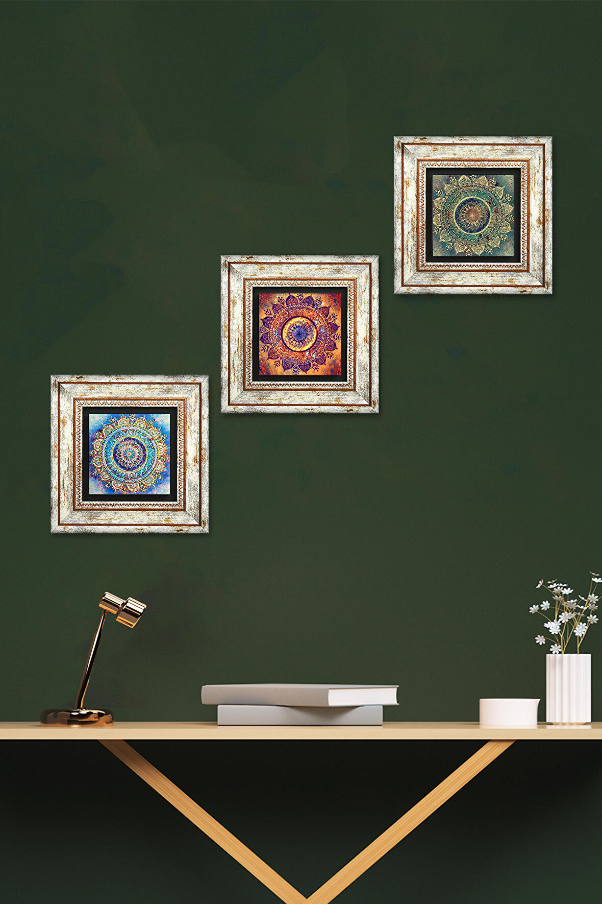 Mandala Taş Duvar Tablosu Çerçeveli Duvar Dekoru 3 Parça Tablo Seti Wall Art