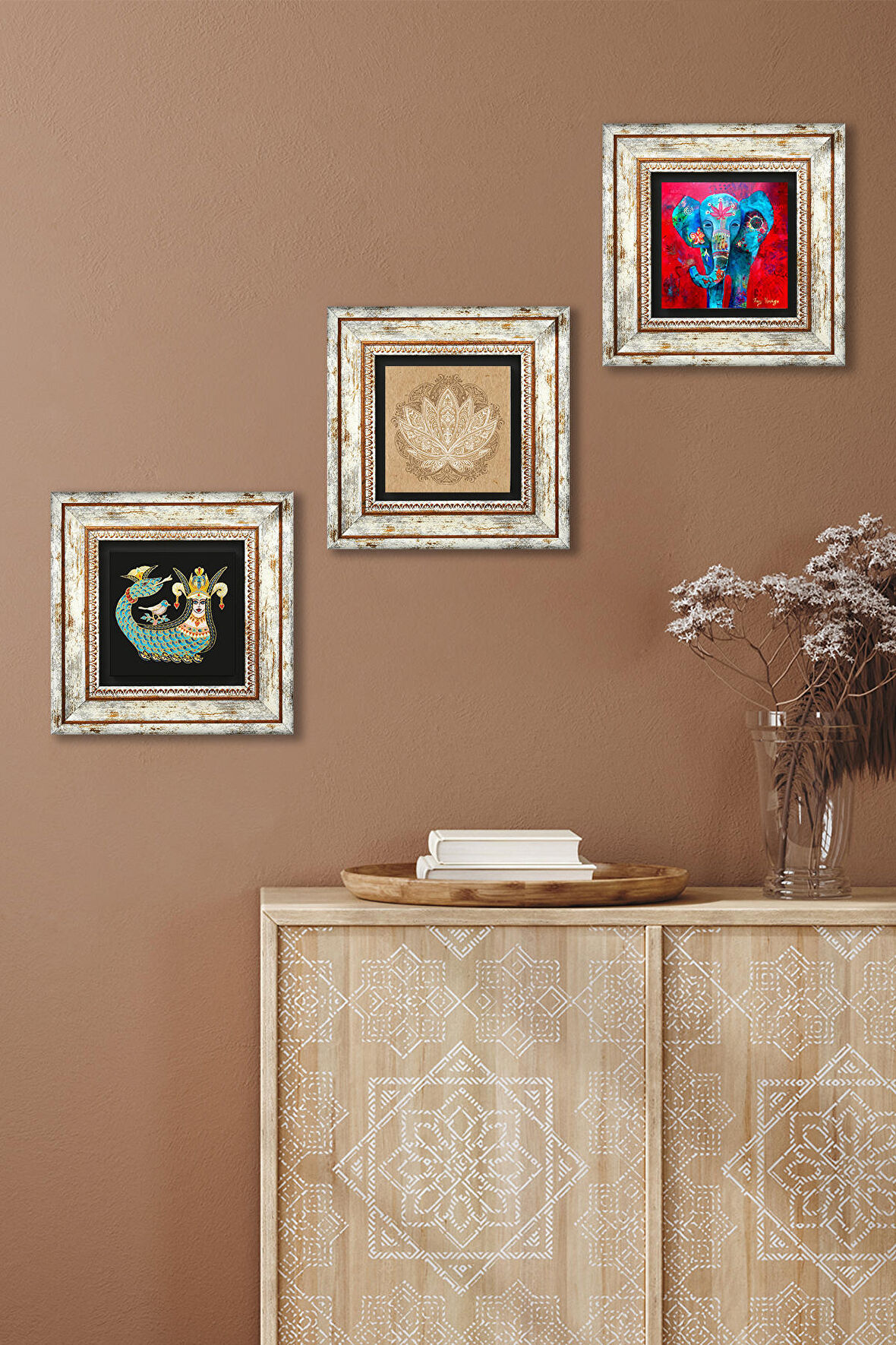 Fil, Lotus Çiçeği, Şahmeran Taş Duvar Tablosu Çerçeveli Duvar Dekoru 3 Parça Tablo Seti Wall Art