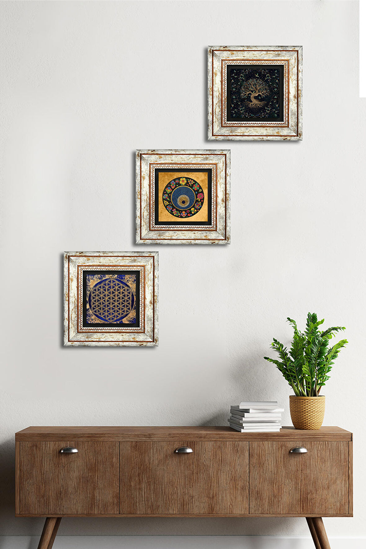 Yaşam Çiçeği, Hayat Ağacı, Nazar Taş Duvar Tablosu Çerçeveli Duvar Dekoru 3 Parça Tablo Seti Wall Art