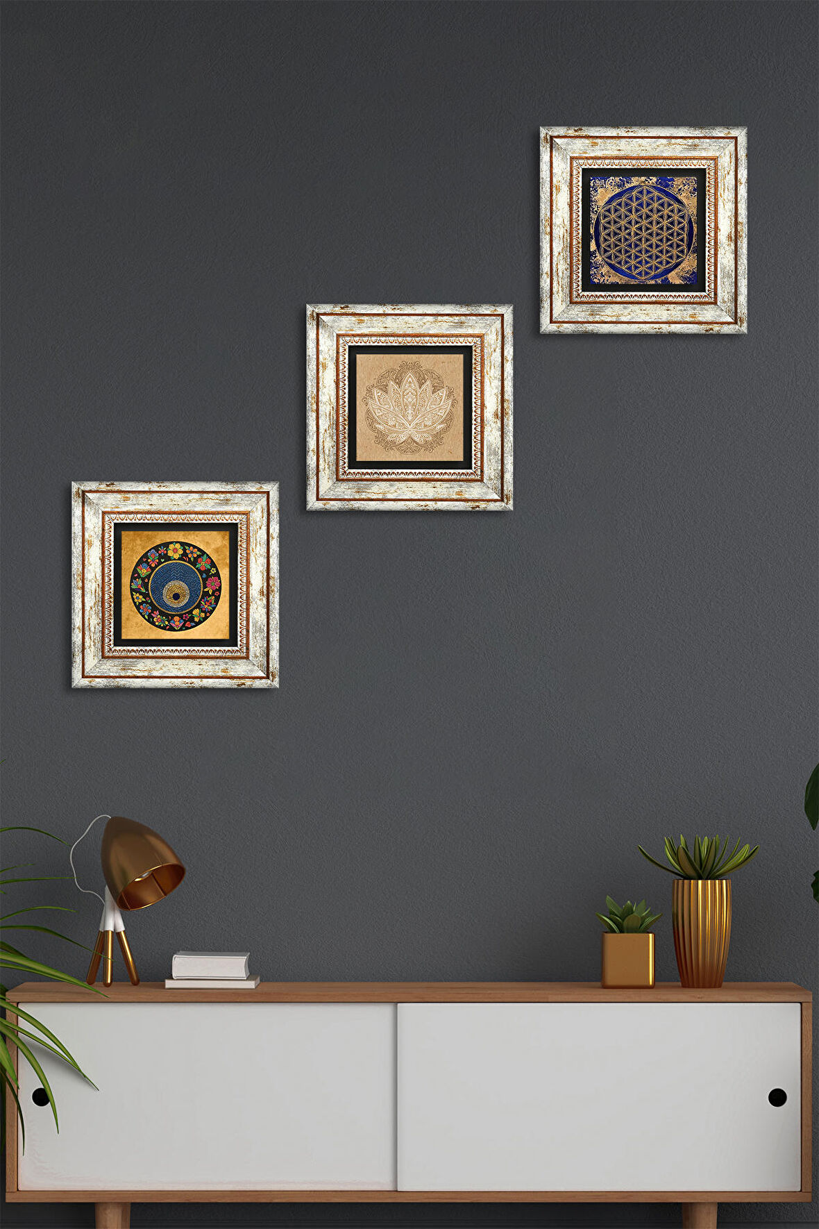Lotus Çiçeği, Yaşam Çiçeği, Nazar Taş Duvar Tablosu Çerçeveli Duvar Dekoru 3 Parça Tablo Seti Wall Art