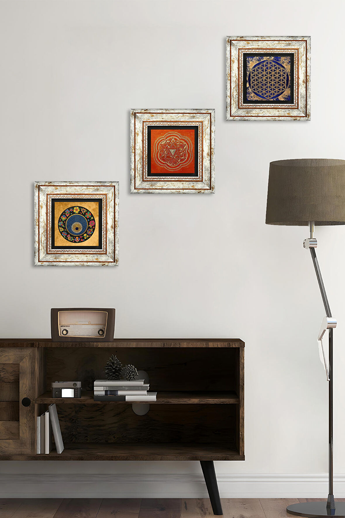 Yaşam Çiçeği, Sri Yantra, Nazar Boncuğu Taş Duvar Tablosu Çerçeveli Duvar Dekoru 3 Parça Tablo Seti Wall Art