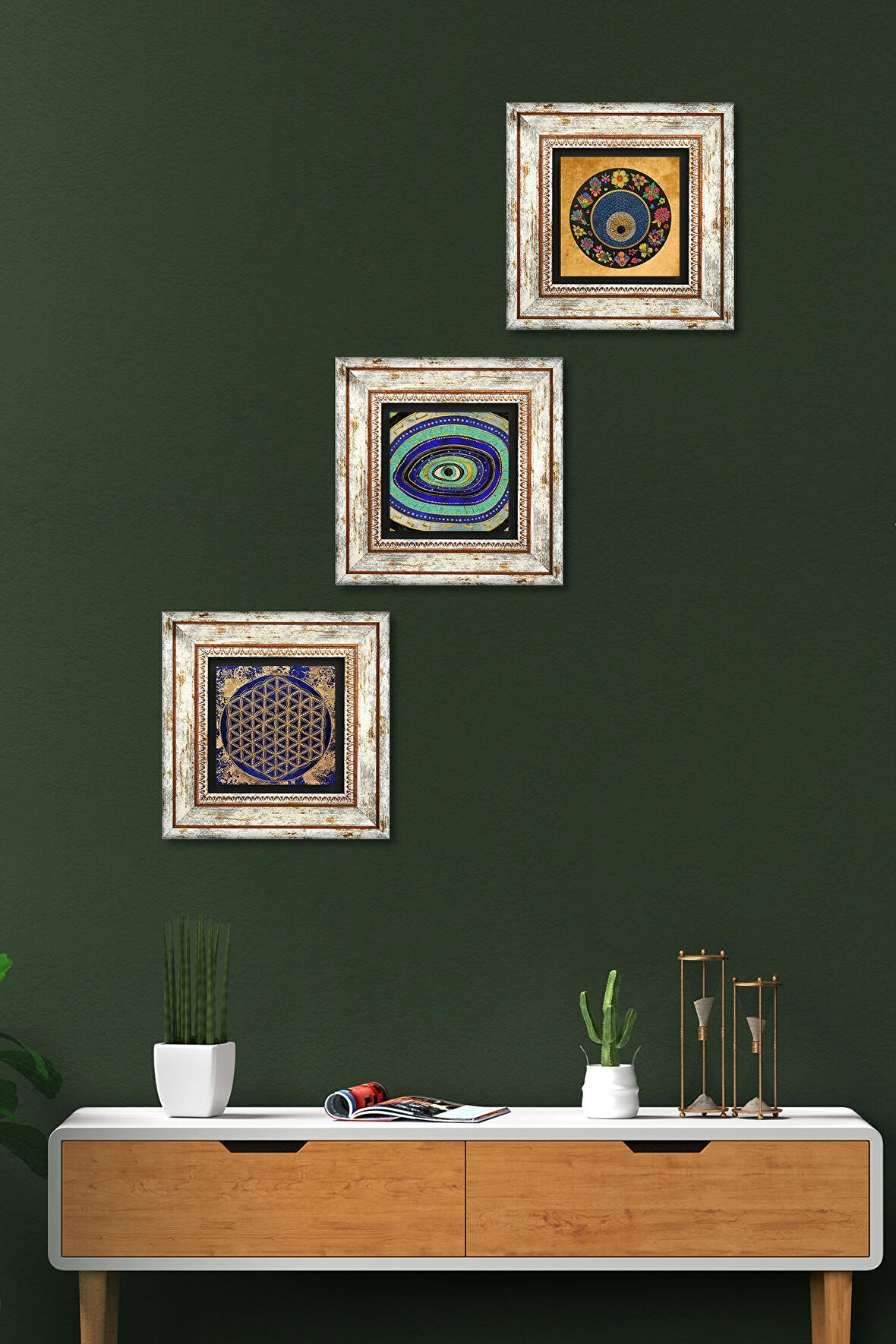 Nazar, Yaşam Çiçeği Taş Duvar Tablosu Çerçeveli Duvar Dekoru 3 Parça Tablo Seti Wall Art