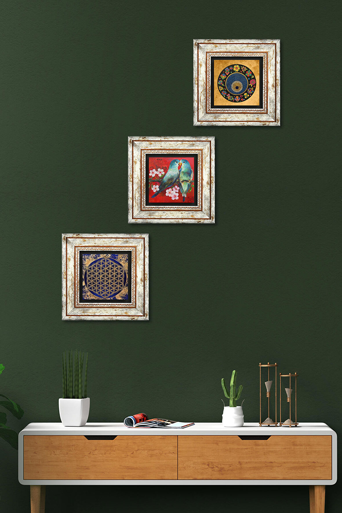 Kuş, Yaşam Çiçeği, Nazar Taş Duvar Tablosu Çerçeveli Duvar Dekoru 3 Parça Tablo Seti Wall Art