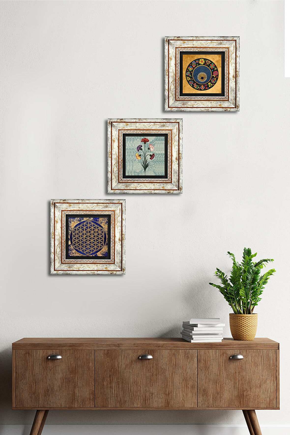 Ebru Sanatı, Yaşam Çiçeği, Nazar Taş Duvar Tablosu Çerçeveli Duvar Dekoru 3 Parça Tablo Seti Wall Art