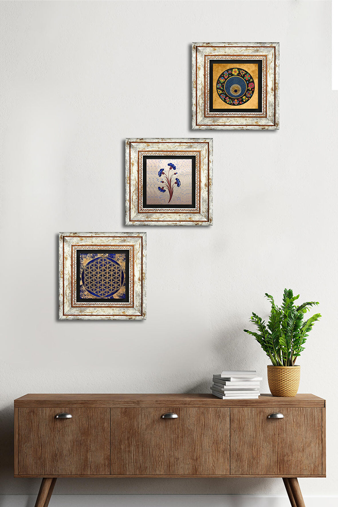 Ebru Sanatı, Yaşam Çiçeği, Nazar Taş Duvar Tablosu Çerçeveli Duvar Dekoru 3 Parça Tablo Seti Wall Art