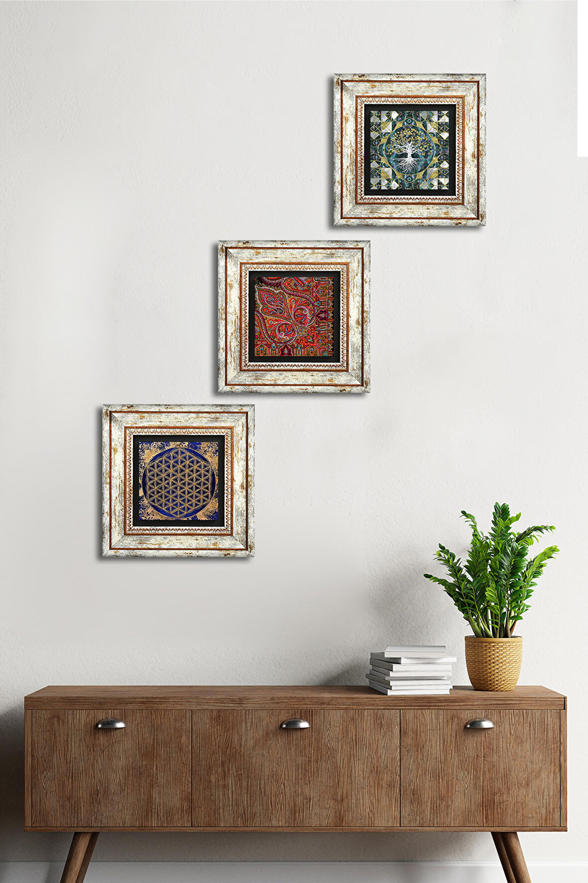 Hayat Ağacı, Yaşam Çiçeği, Desen Taş Duvar Tablosu Çerçeveli Duvar Dekoru 3 Parça Tablo Seti Wall Art