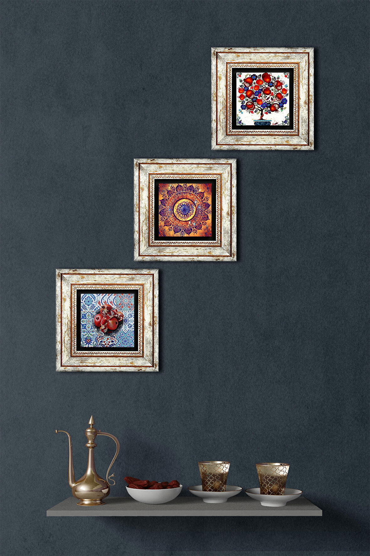 Mandala, Nar, Nar Ağacı Taş Duvar Tablosu Çerçeveli Duvar Dekoru 3 Parça Tablo Seti Wall Art