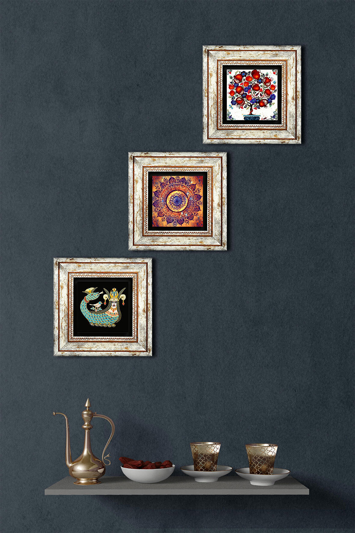 Mandala, Şahmeran, Nar Ağacı Taş Duvar Tablosu Çerçeveli Duvar Dekoru 3 Parça Tablo Seti Wall Art